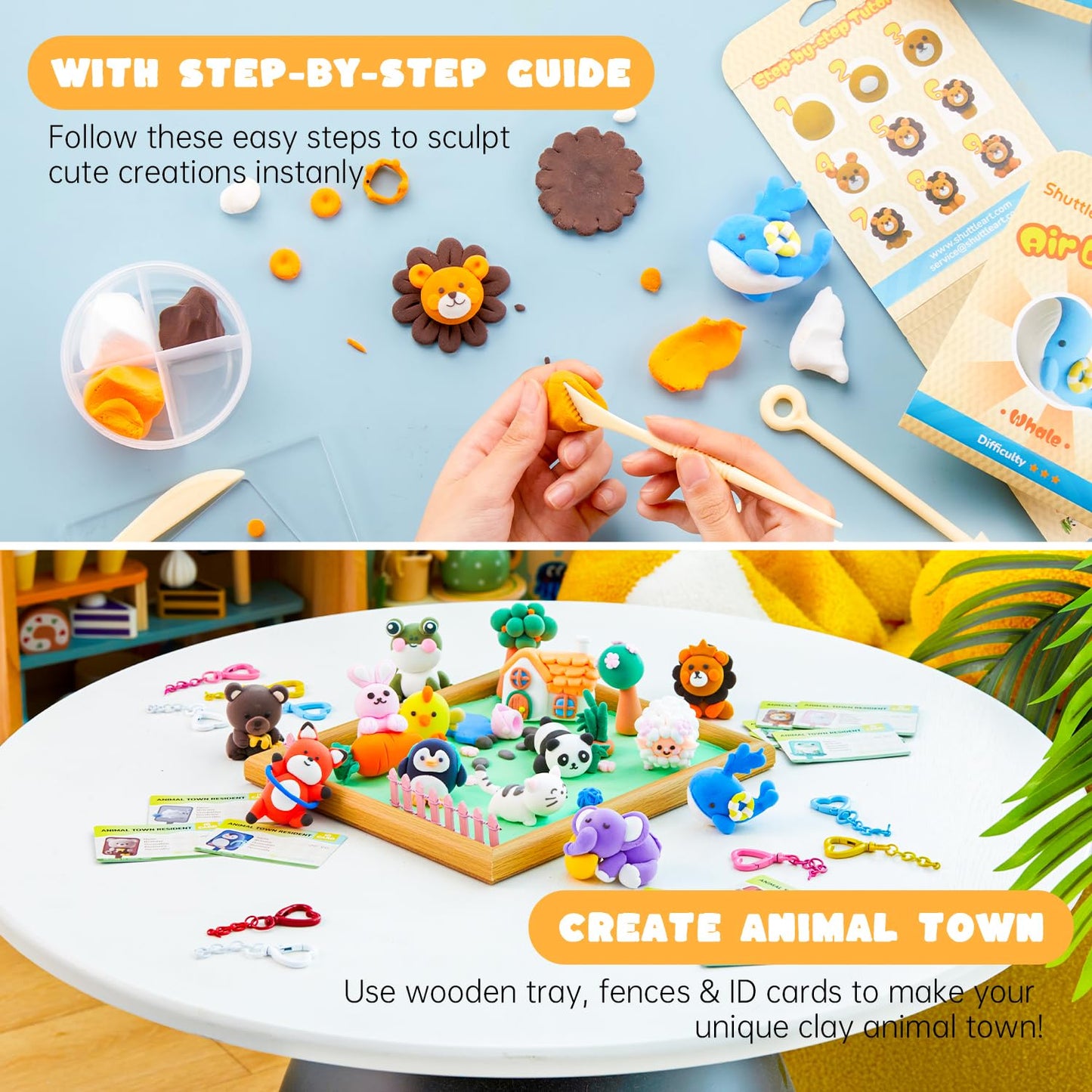 Shuttle Art Zoo Town 55-Piece Air Dry Clay Kit for Kids with Tutorials, Tools & Safe Non-Sticky Craft