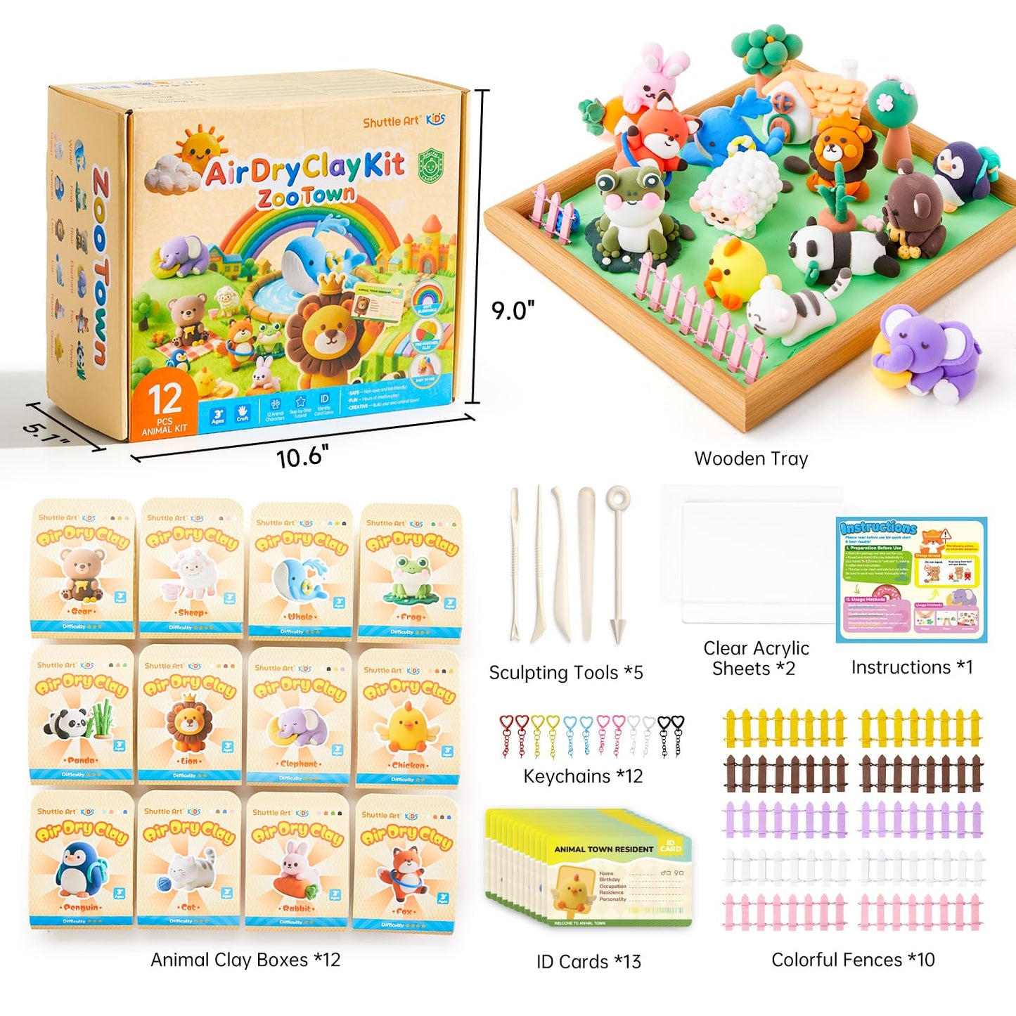 Shuttle Art Zoo Town 55-Piece Air Dry Clay Kit for Kids with Tutorials, Tools & Safe Non-Sticky Craft