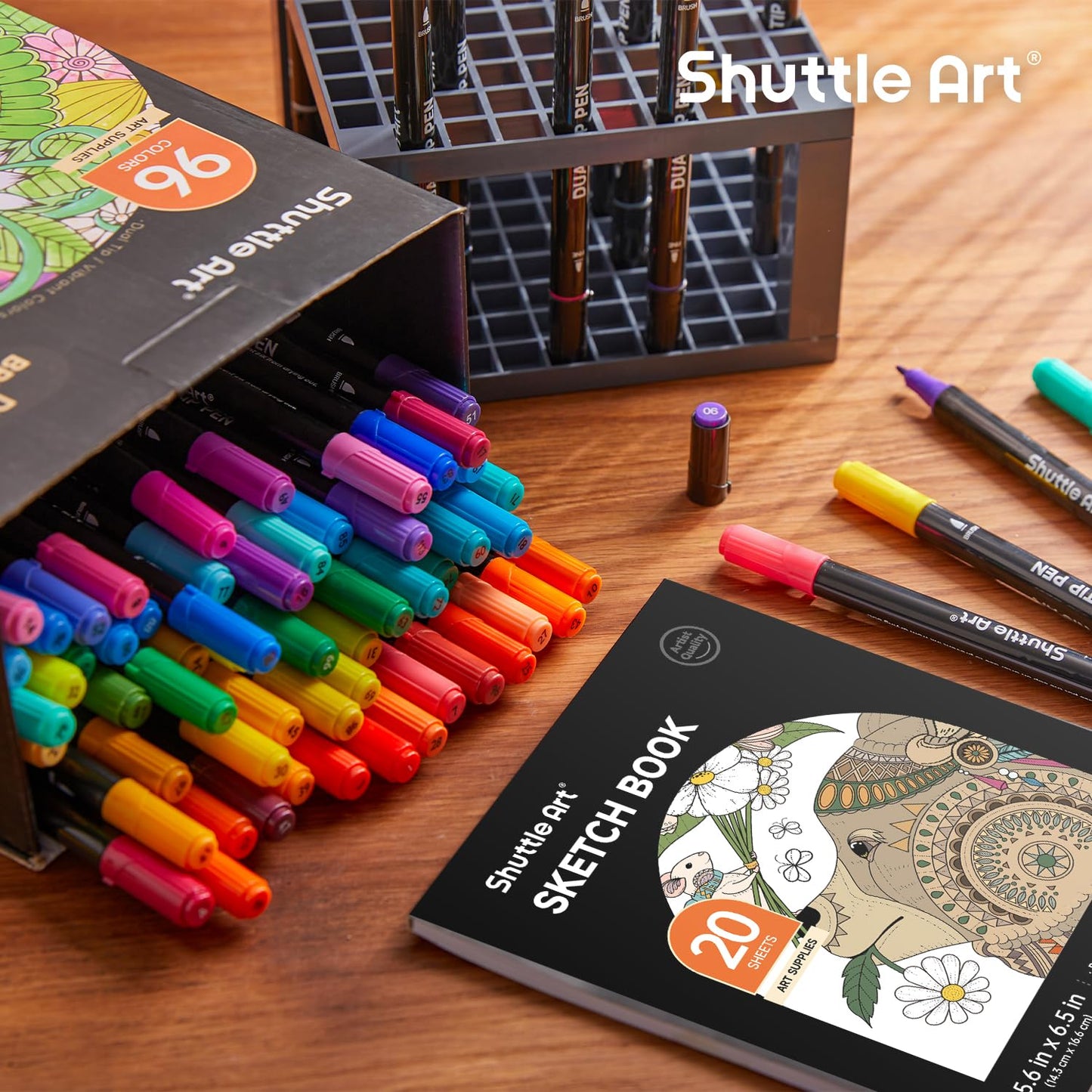 Shuttle Art Dual Tip Brush Pens – 96 Colours with Holder & Colouring Book