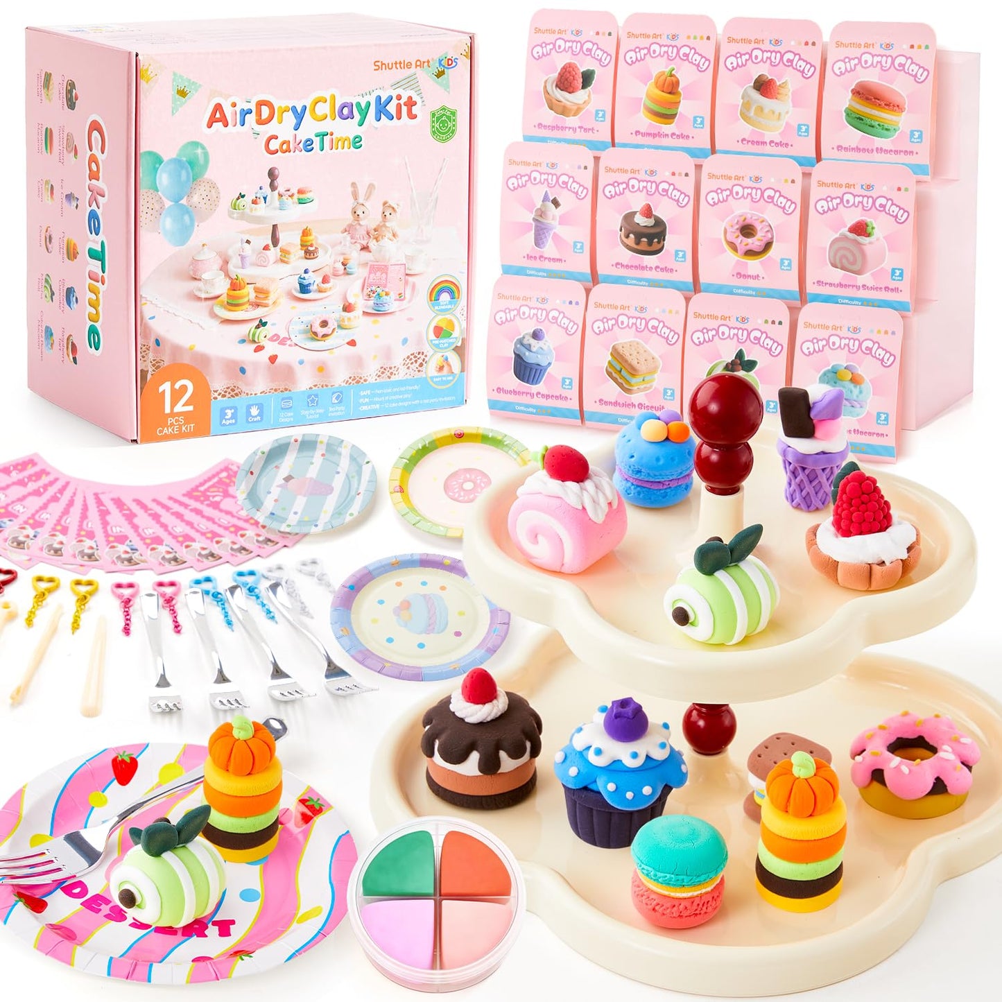Shuttle Art Air Dry Clay Kit Cake Time – 52 Pcs for Kids | Safe, Non-Sticky Craft Toys