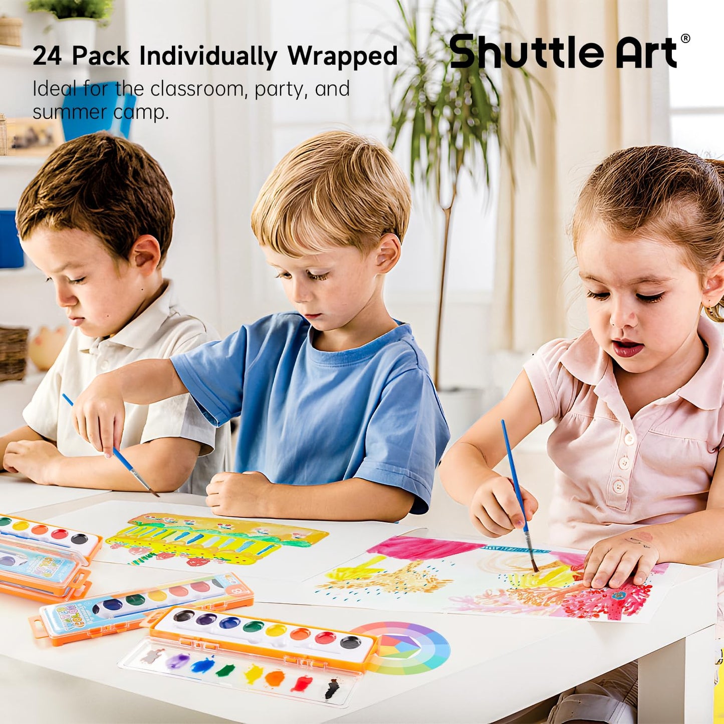 Shuttle Art 24 Pack Watercolor Paint Set with Brushes & Color Wheels – Non-Toxic & Classroom Ready