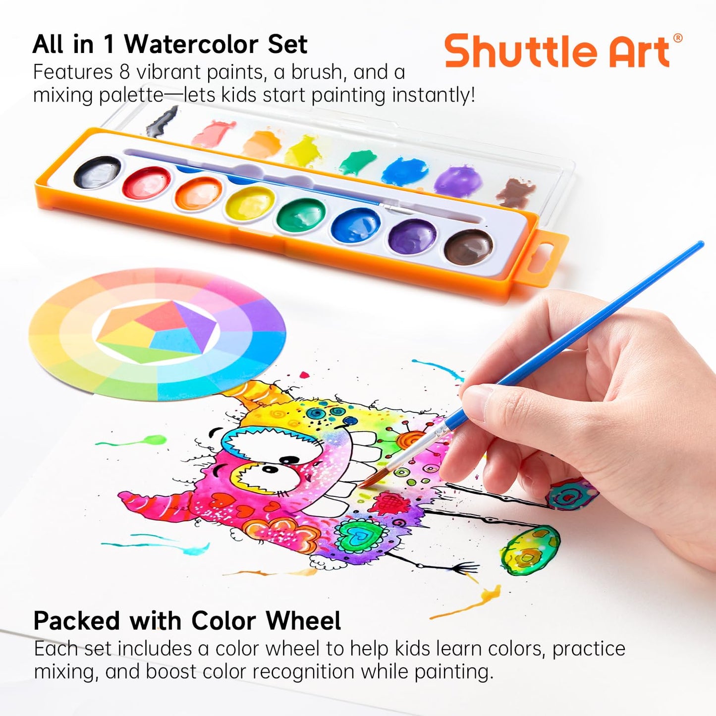 Shuttle Art 24 Pack Watercolor Paint Set with Brushes & Color Wheels – Non-Toxic & Classroom Ready