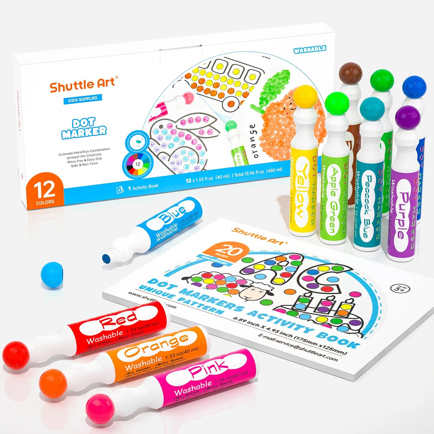 Shuttle Art Dot Makers: 12 Colors + 20-Page Activity Book | Non-Toxic Washable Markers