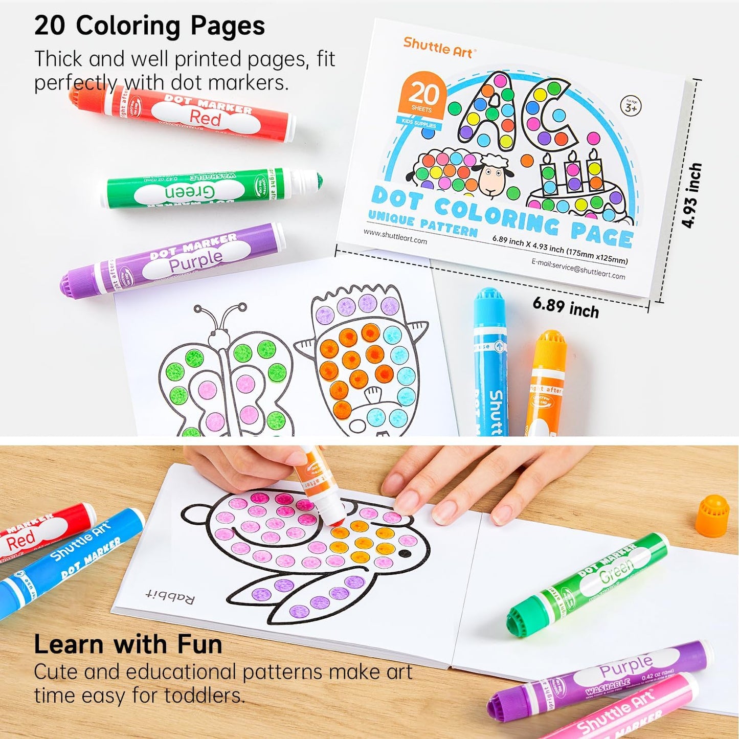Shuttle Art Washable Dot Markers – 36 Colors + Free Activity Book (Non-Toxic, Water-Based)