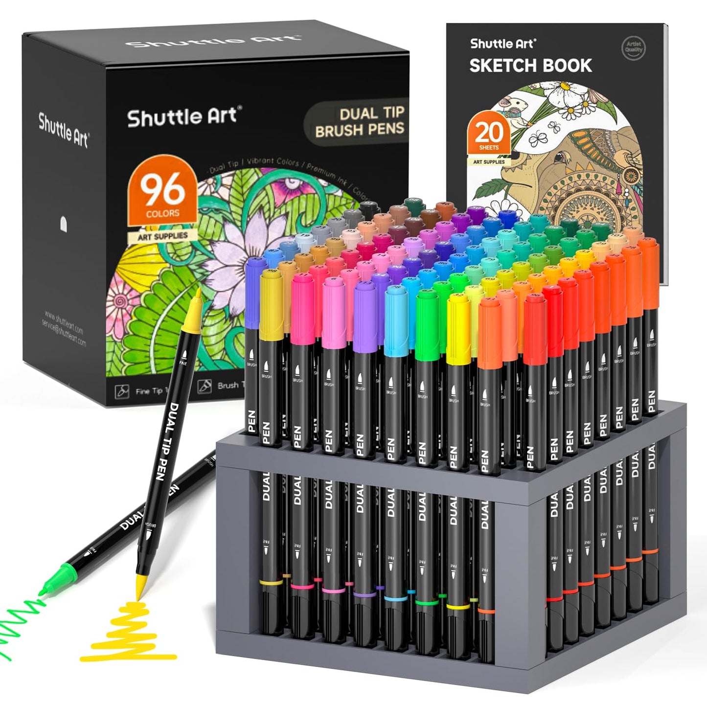 Shuttle Art Dual Tip Brush Pens – 96 Colours with Holder & Colouring Book