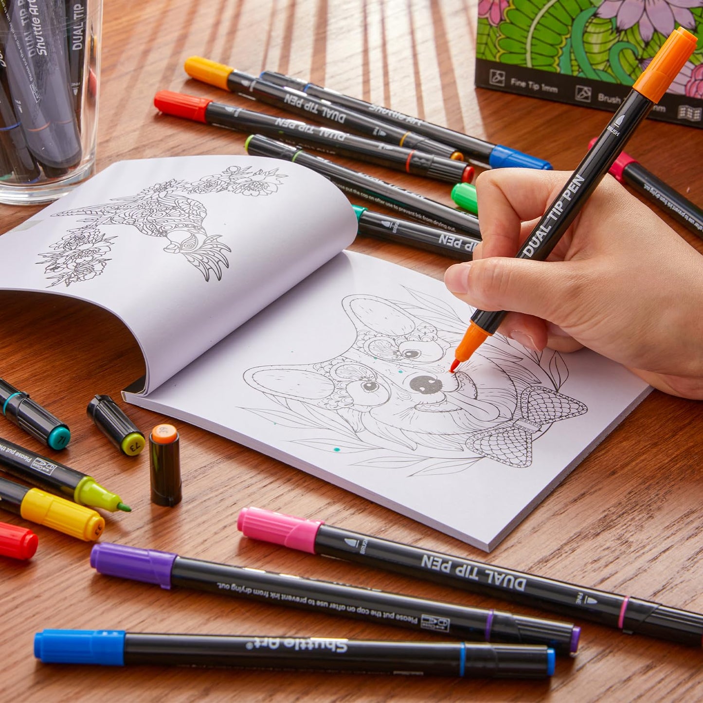 Shuttle Art Dual Tip Brush Pens – 96 Colours with Holder & Colouring Book
