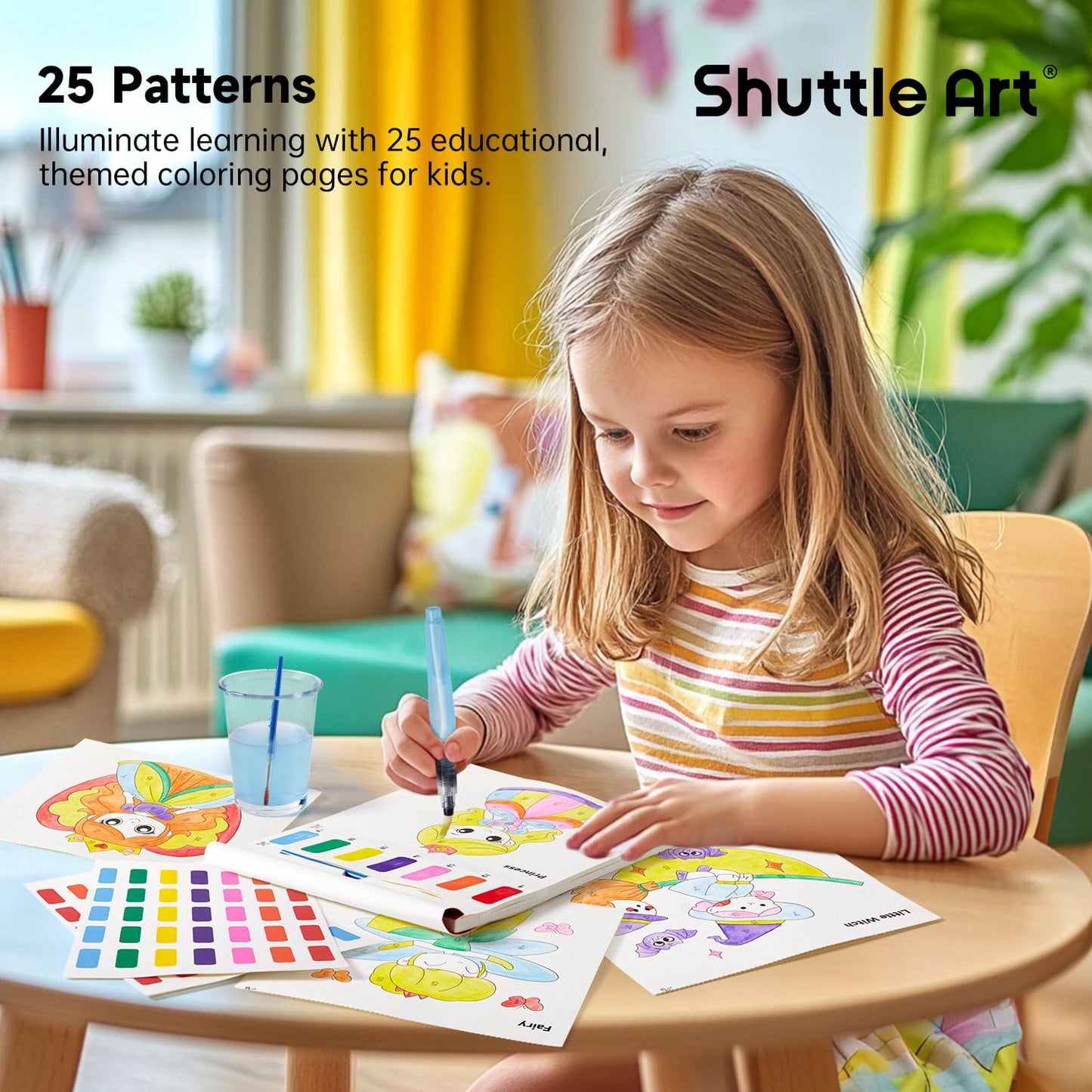 Shuttle Art Paint with Water Coloring Book for Kids – 25 Princess Pages + 2 Brushes