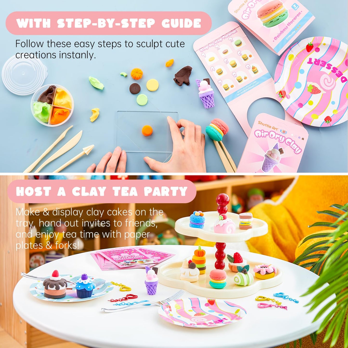 Shuttle Art Air Dry Clay Kit Cake Time – 52 Pcs for Kids | Safe, Non-Sticky Craft Toys