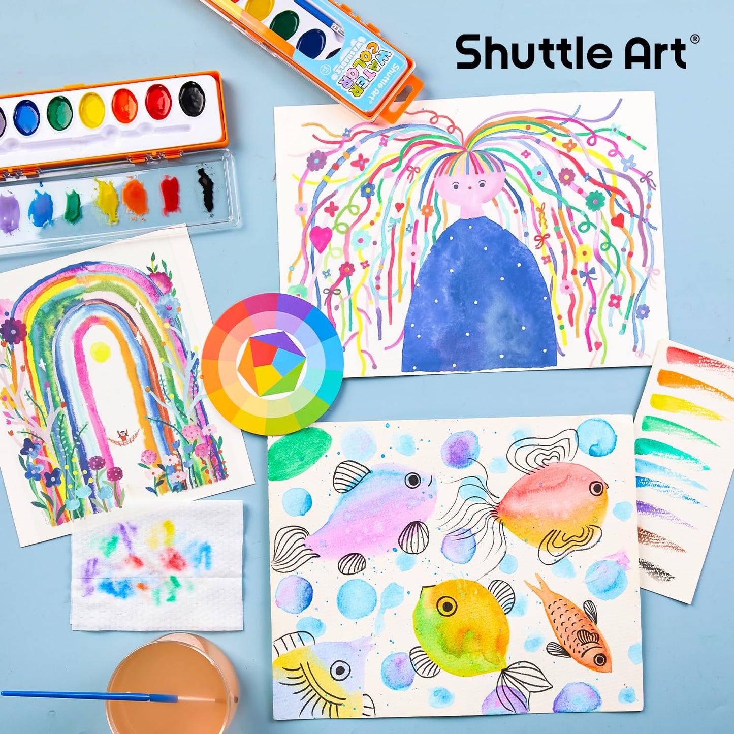 Shuttle Art 24 Pack Watercolor Paint Set with Brushes & Color Wheels – Non-Toxic & Classroom Ready