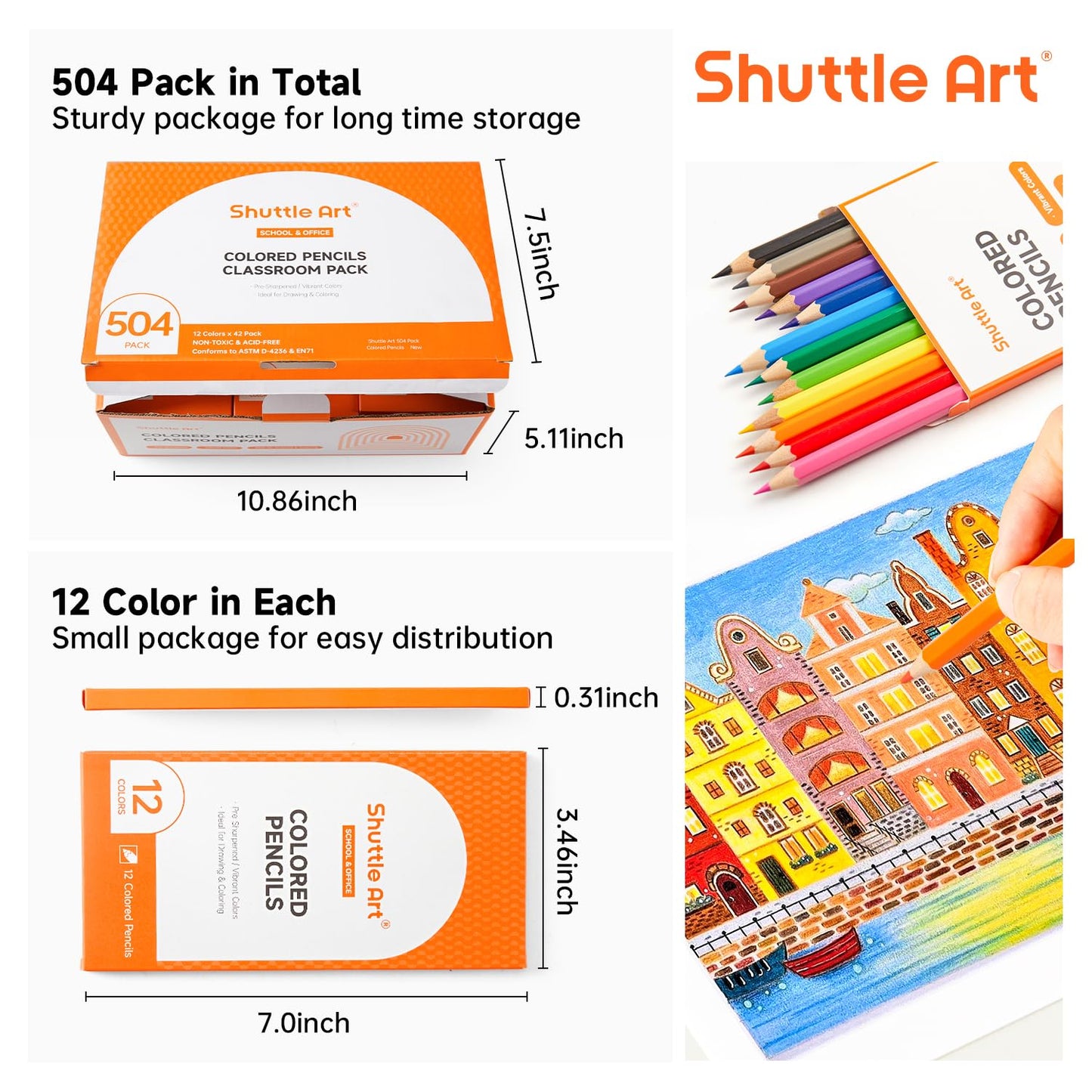 Shuttle Art 504-Pack Colored Pencils Bulk — Pack of 42, 12 Vibrant Colors, Pre-Sharpened, Break-Resistant
