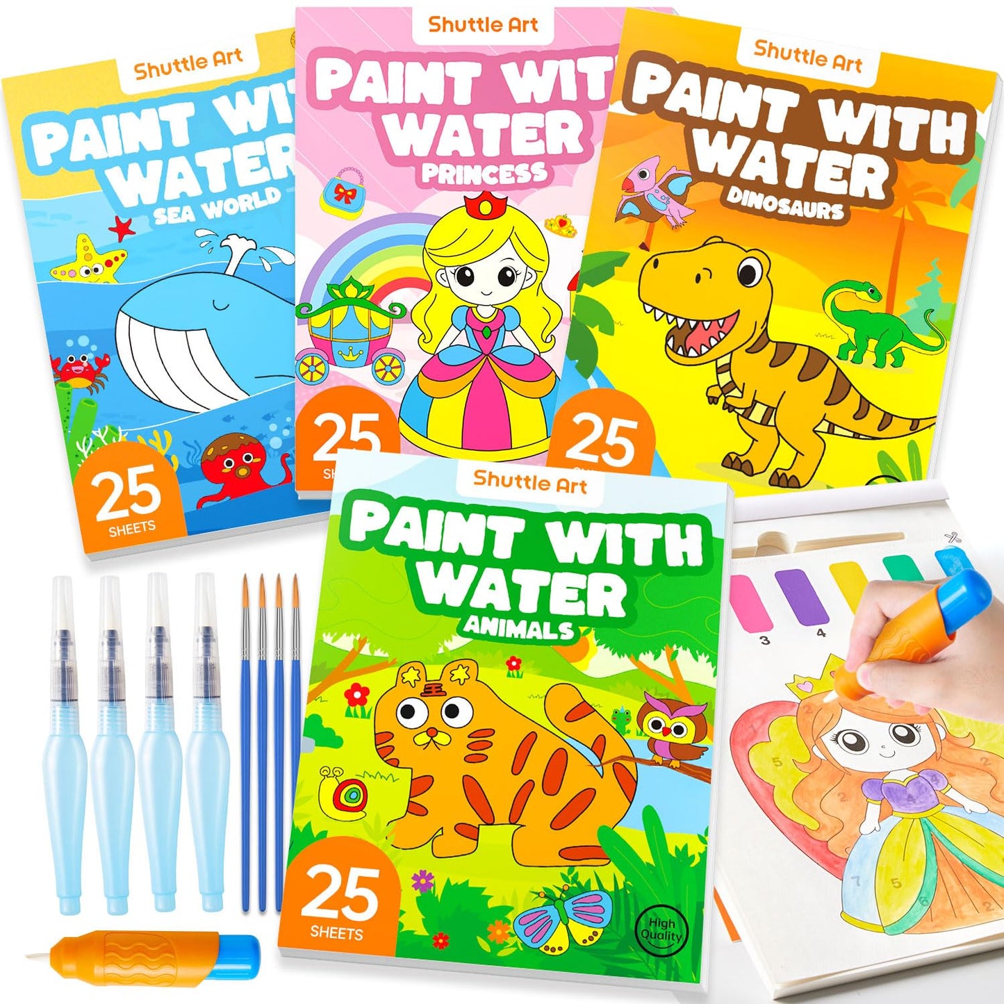 Shuttle Art Paint with Water Coloring Book for Kids – Mess-Free Travel Art Kit (4 Themes, 100 Pages)