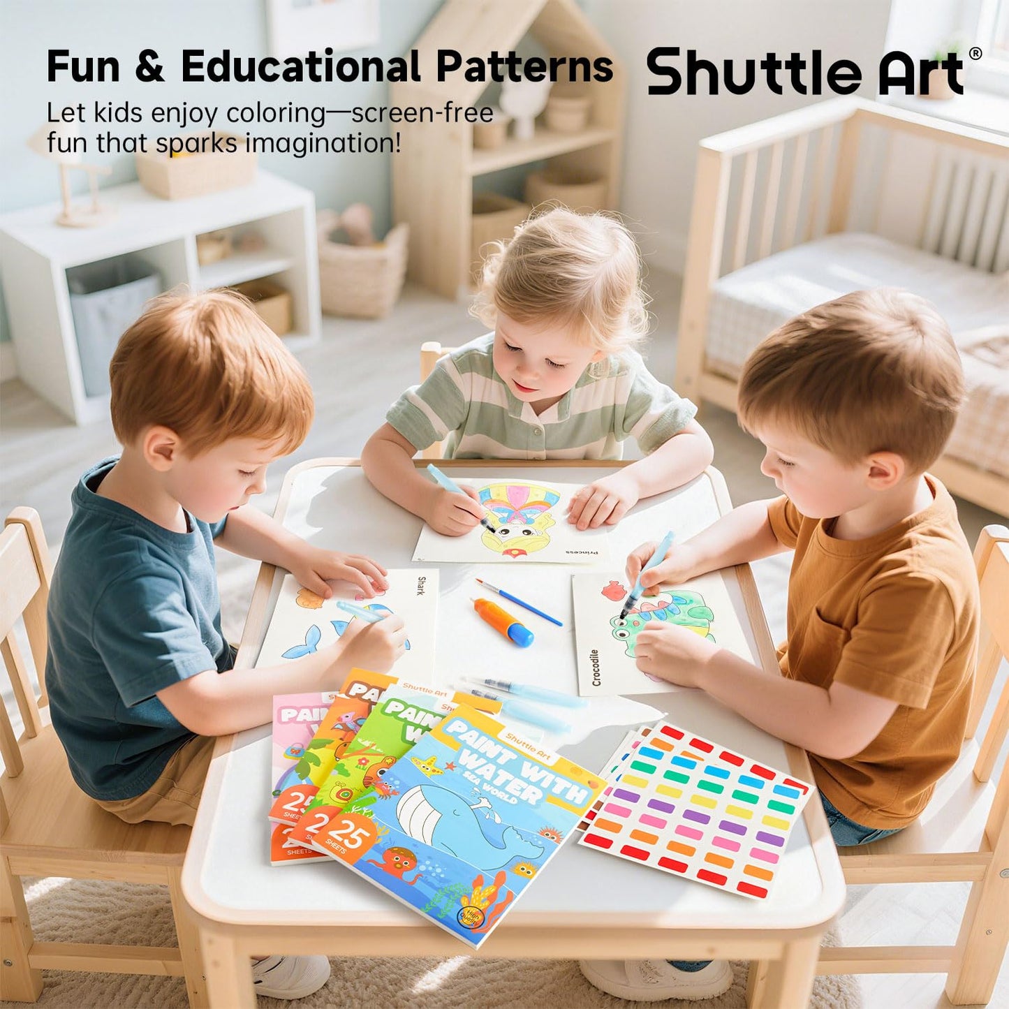Shuttle Art Paint with Water Coloring Book for Kids – Mess-Free Travel Art Kit (4 Themes, 100 Pages)