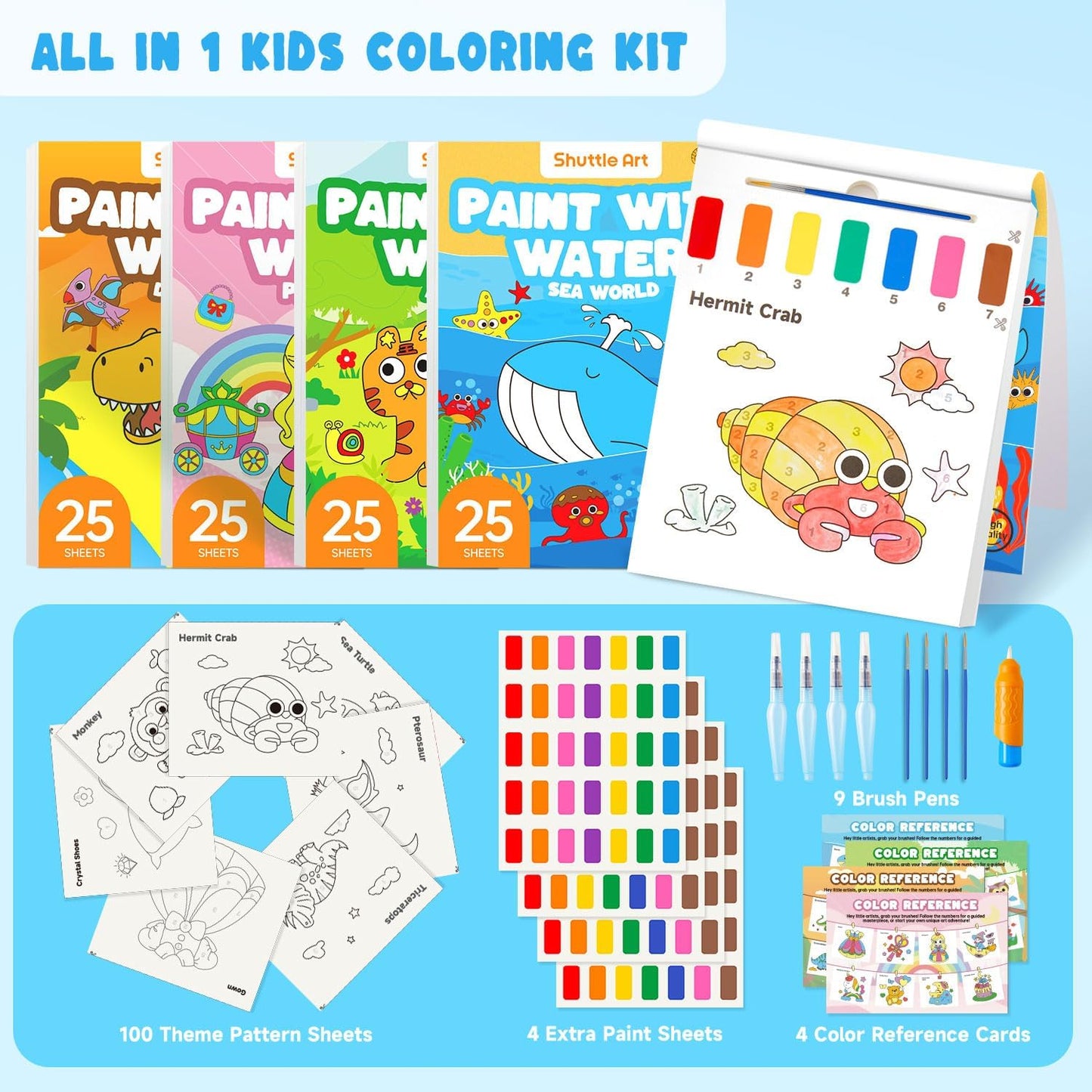 Shuttle Art Paint with Water Coloring Book for Kids – Mess-Free Travel Art Kit (4 Themes, 100 Pages)