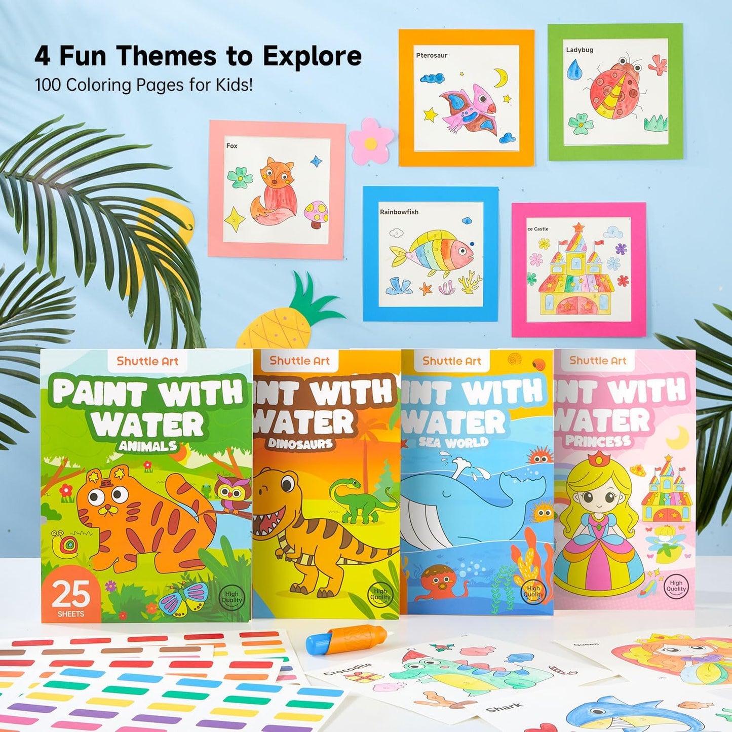 Shuttle Art Paint with Water Coloring Book for Kids – Mess-Free Travel Art Kit (4 Themes, 100 Pages)