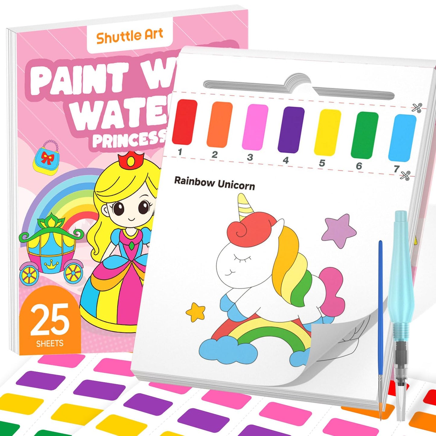 Shuttle Art Paint with Water Coloring Book for Kids – 25 Princess Pages + 2 Brushes
