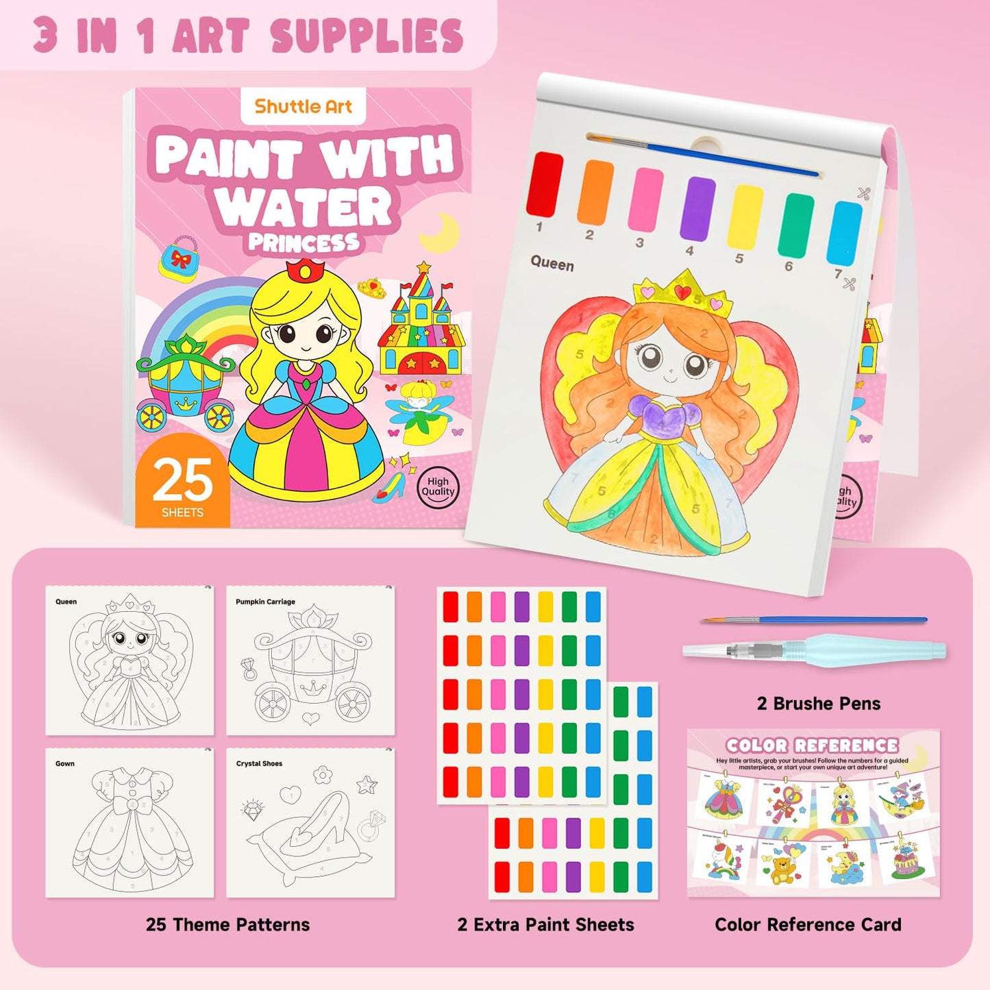 Shuttle Art Paint with Water Coloring Book for Kids – 25 Princess Pages + 2 Brushes