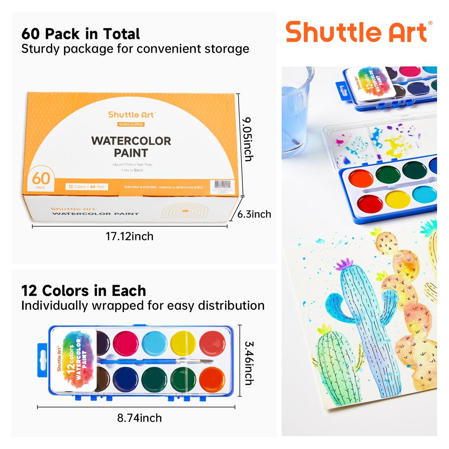 Shuttle Art 60 Pack Watercolor Paint Set – Vibrant, Washable Colors for Kids & Classrooms