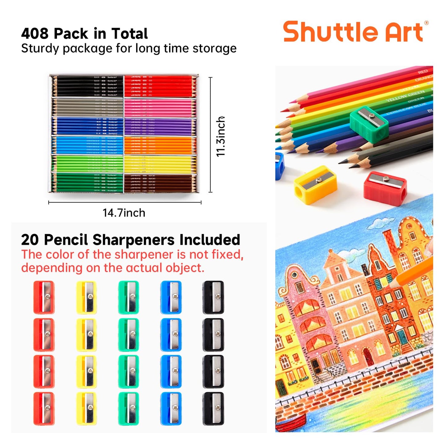 Shuttle Art 288 PCS Colored Pencils Bulk — 12 Colors, Pre-Sharpened with 15 Sharpeners