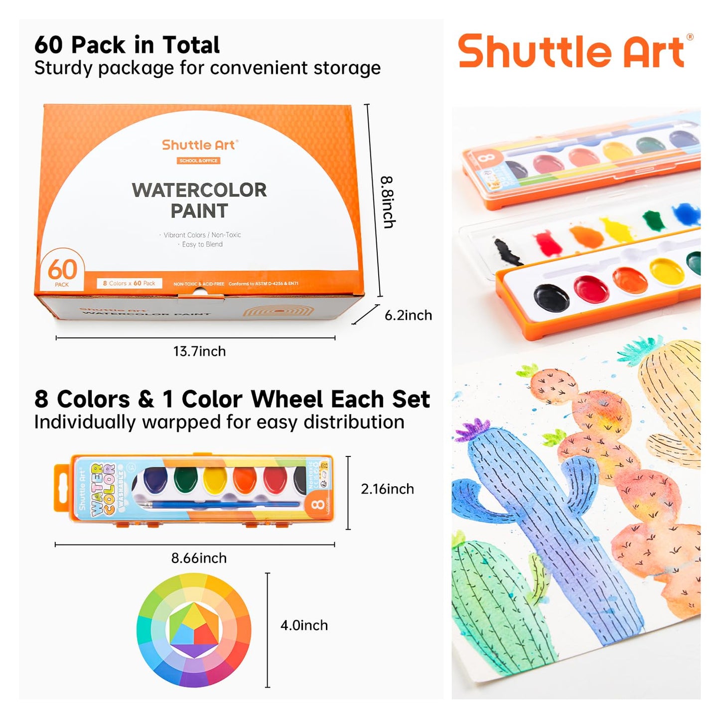 Shuttle Art 60 Pack Watercolor Set – 8 Colors, Brushes & Color Wheel | Non-Toxic, Classroom Ready