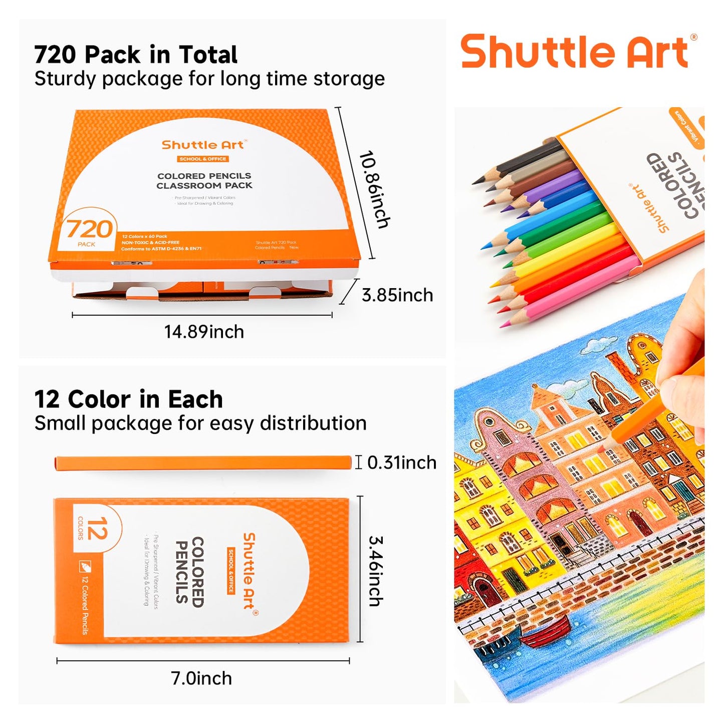 Shuttle Art 720 Pack Colored Pencils – 60 Packs of 12 Colors, Pre-Sharpened & Break-Resistant