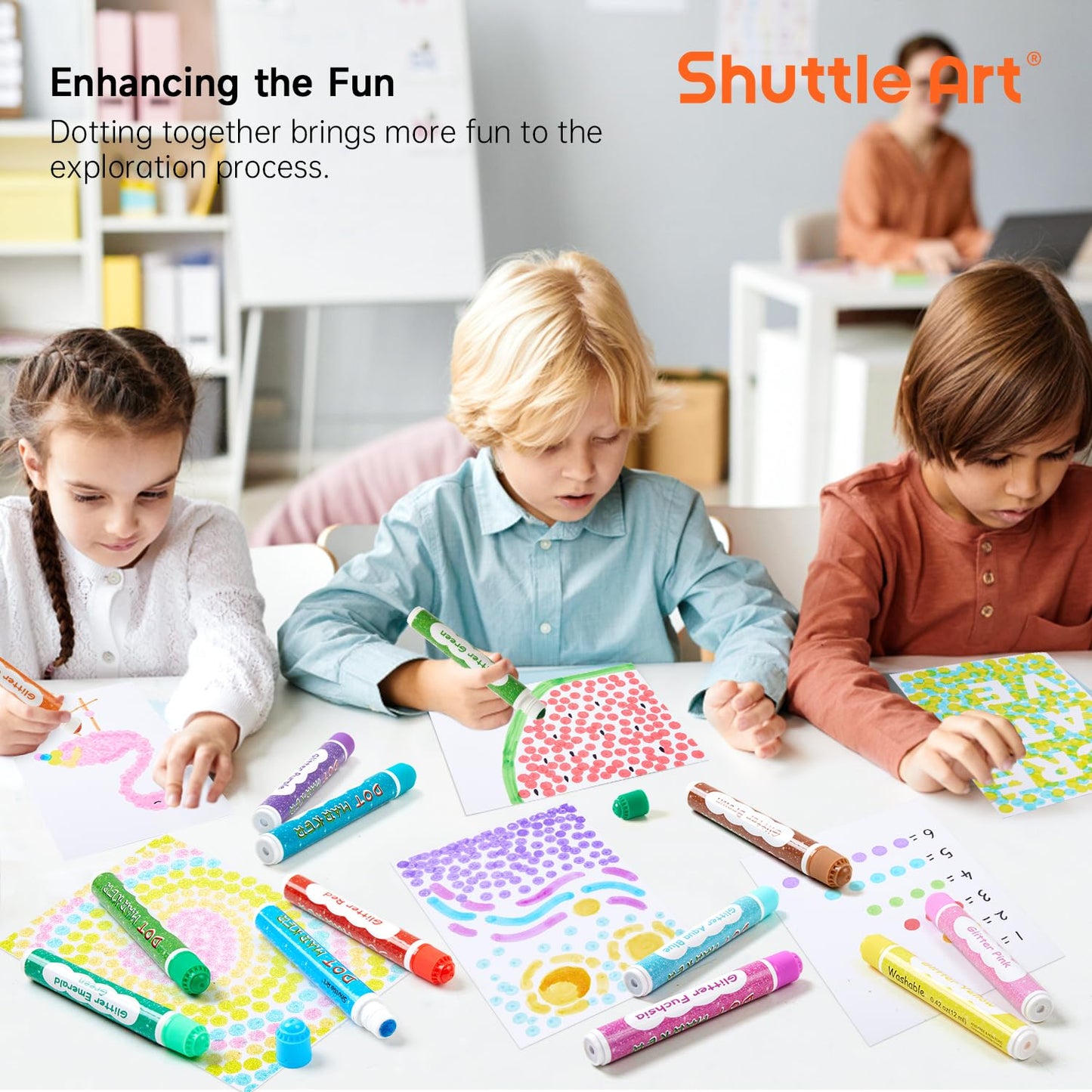 Shuttle Art Shimmer Dot Markers – 15 Glitter Colors, Washable, Non-Toxic for Toddlers