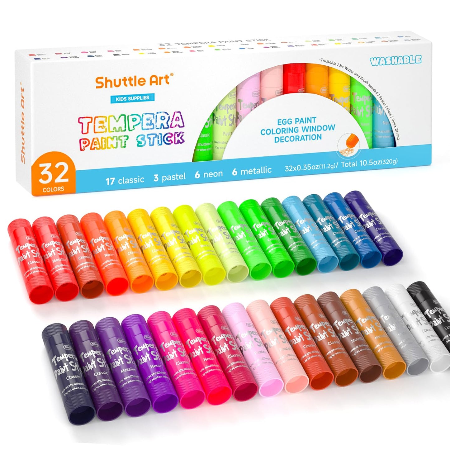 Shuttle Art Tempera Paint Sticks – 32 Colors, Quick-Drying, Non-Toxic for Kids