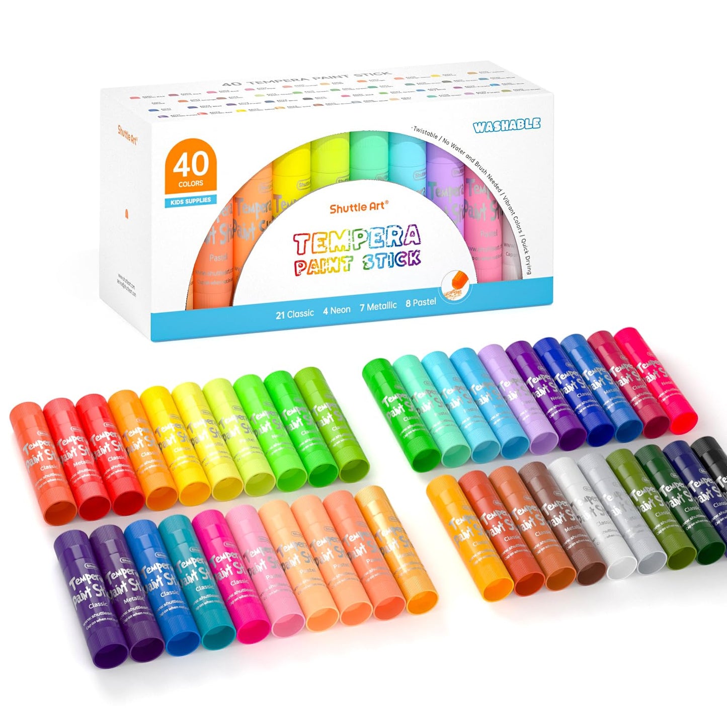 Shuttle Art Tempera Paint Sticks — 40 Colors, Quick-Dry, Washable & Safe for Kids
