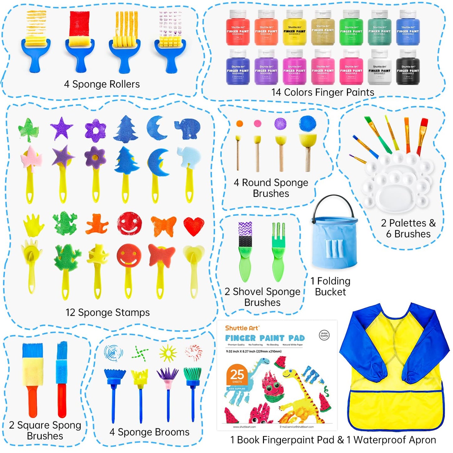 Shuttle Art Washable Finger Paint Set – 53-Piece, 14 Colors, Non-Toxic