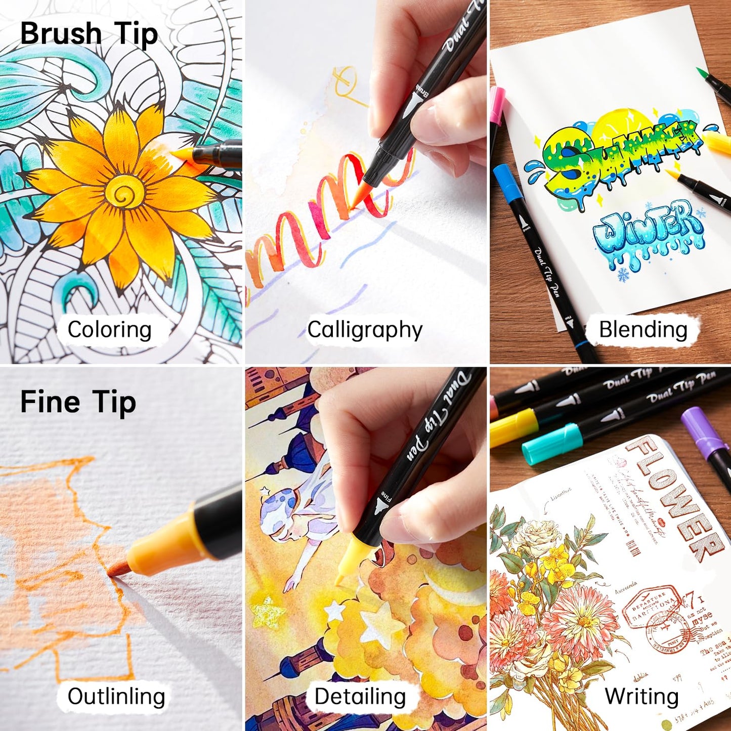 Shuttle Art Dual Tip Brush Pens – 96 Colours with Holder & Colouring Book