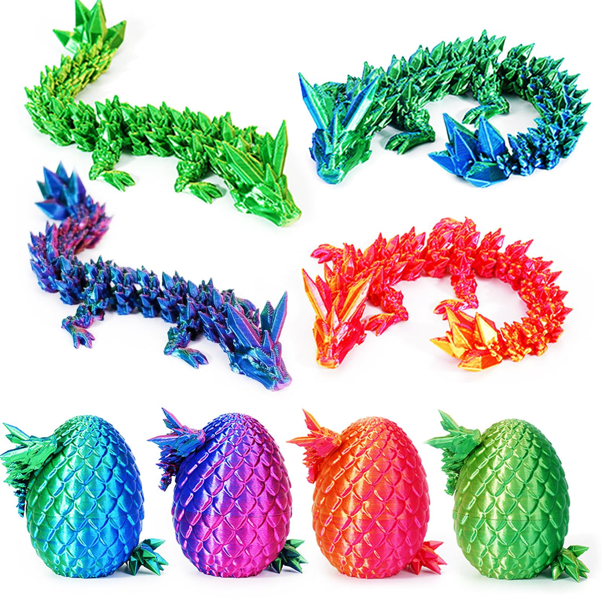 SHUWND 4-Pack 3D Printed Dragon Eggs with Articulated Inside Dragon – Colorful Fidget Decor