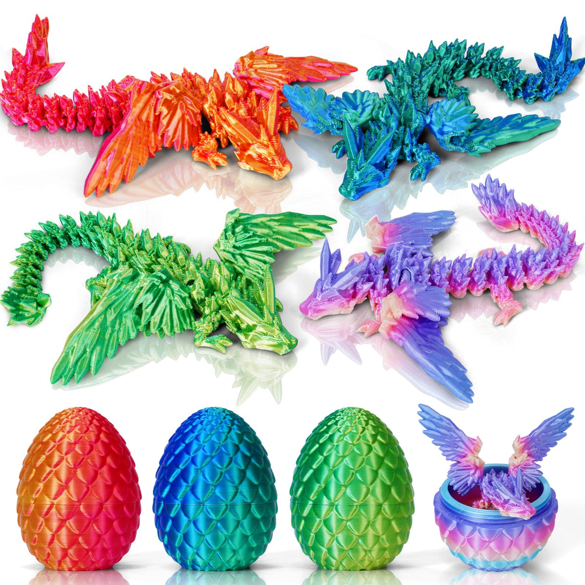 SHUWND 4-Pack 3D Printed Dragon Eggs with Inside Dragon | Articulated Crystal Fidget Toys