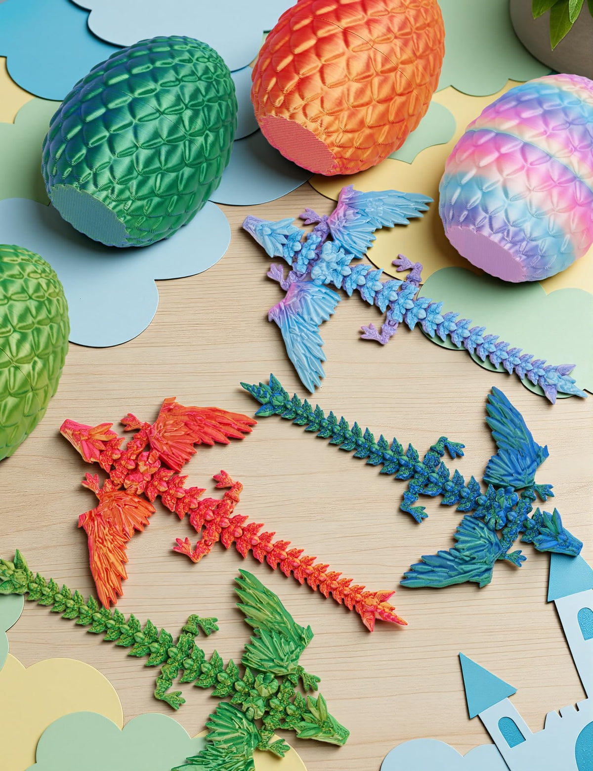 SHUWND 4-Pack 3D Printed Dragon Eggs with Inside Dragon | Articulated Crystal Fidget Toys