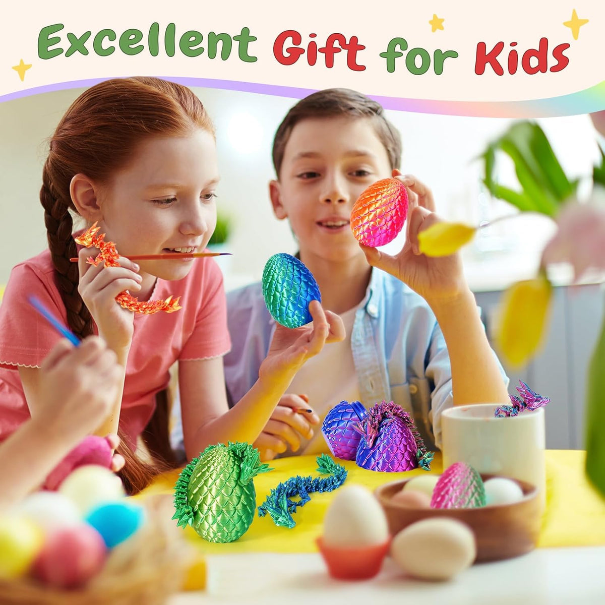 SHUWND 4-Pack 3D Printed Dragon Eggs with Articulated Inside Dragon – Colorful Fidget Decor