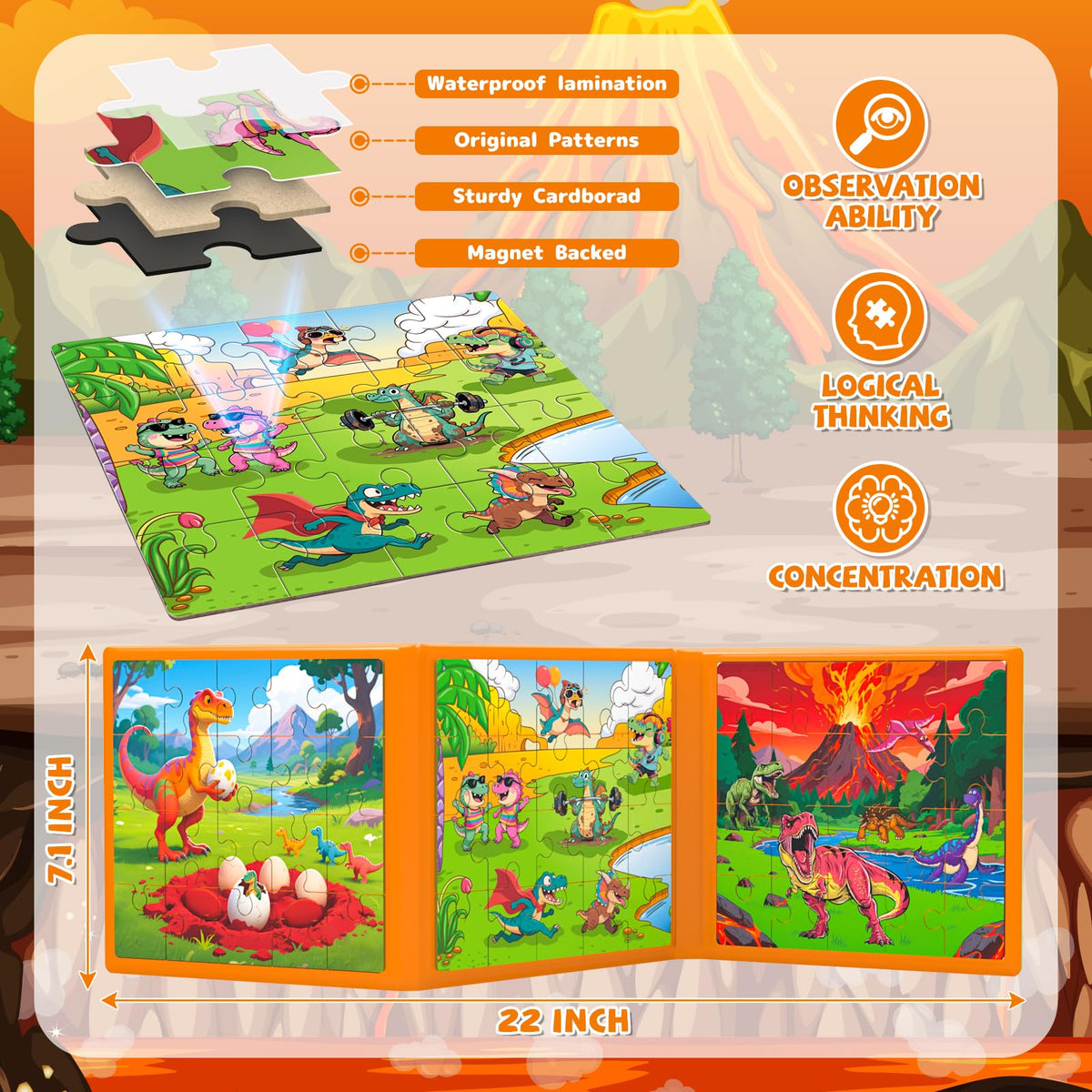 SHXYKZ 3-in-1 Magnetic Dinosaur Puzzles – 20-Piece Travel-Friendly Puzzles for Ages 3–6