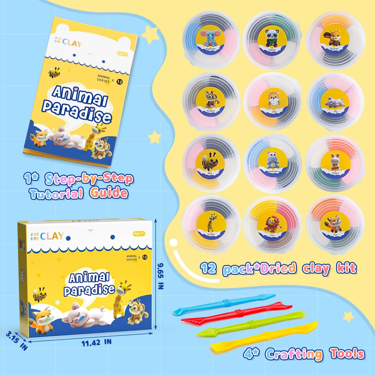 SHXYKZ Air Dry Clay Kit for Kids — 12 Animals with Tools