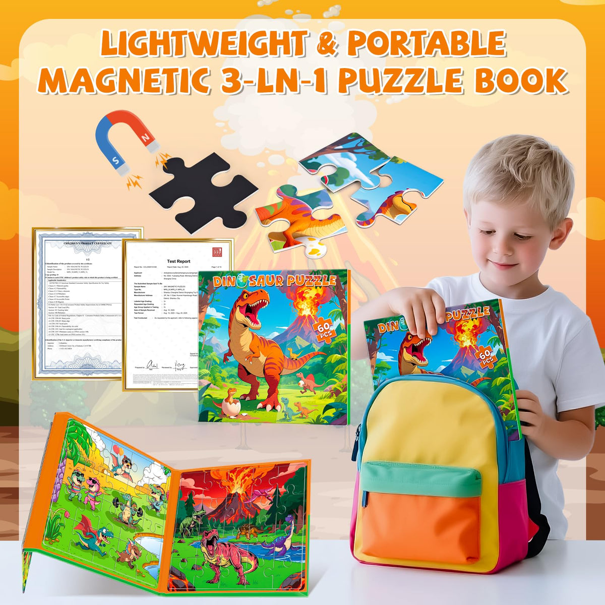 SHXYKZ 3-in-1 Magnetic Dinosaur Puzzles – 20-Piece Travel-Friendly Puzzles for Ages 3–6