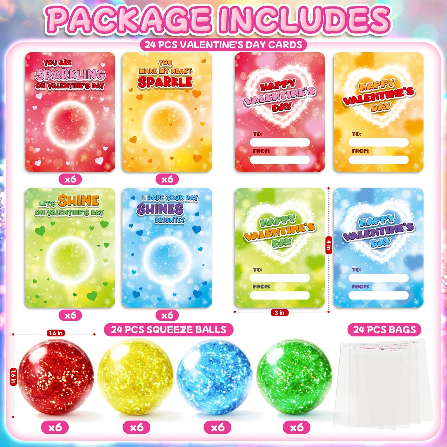 ShyLizard 24-Pack Valentine's Day Cards with Squeeze Balls – Kids Classroom Gift Set