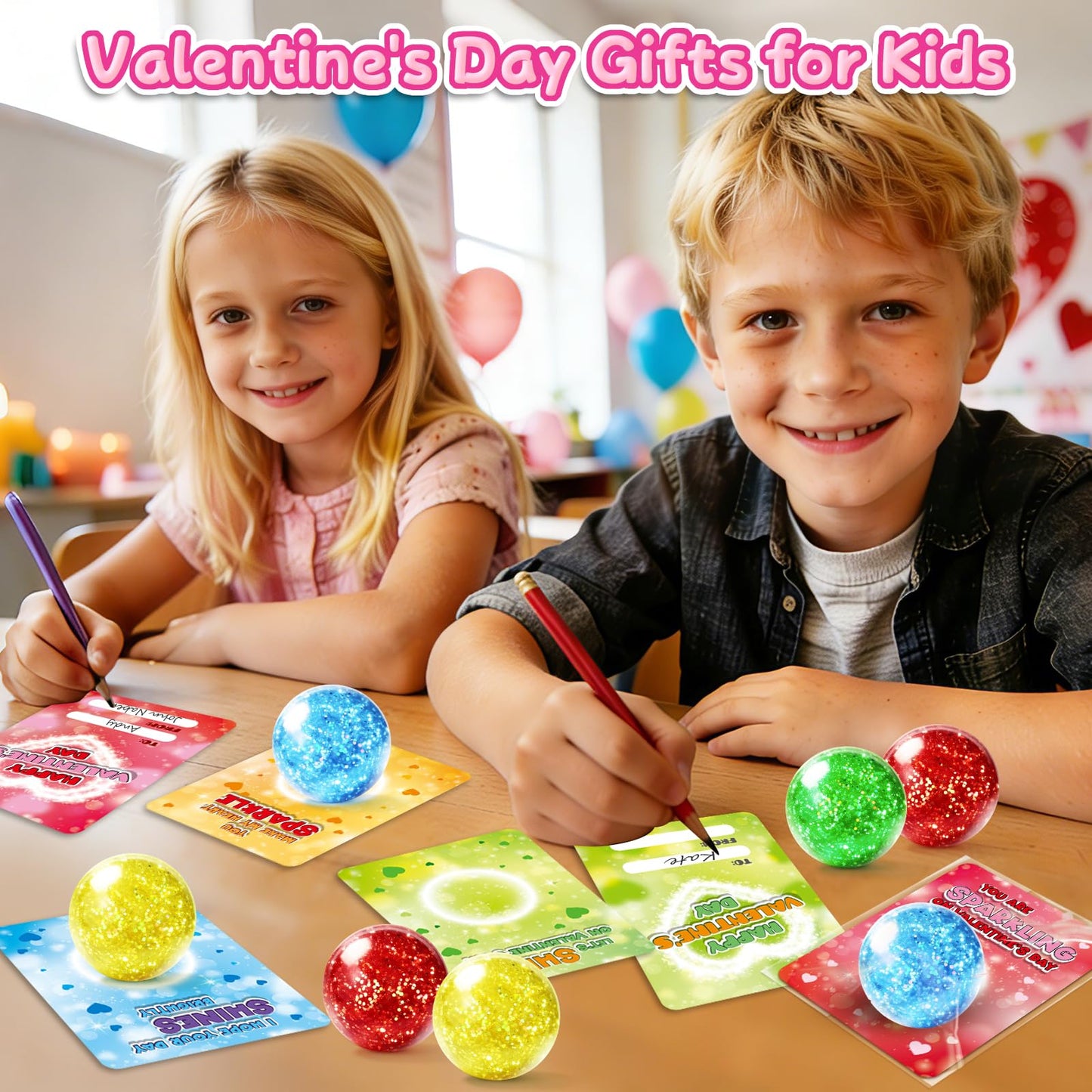 ShyLizard 24-Pack Valentine's Day Cards with Squeeze Balls – Kids Classroom Gift Set