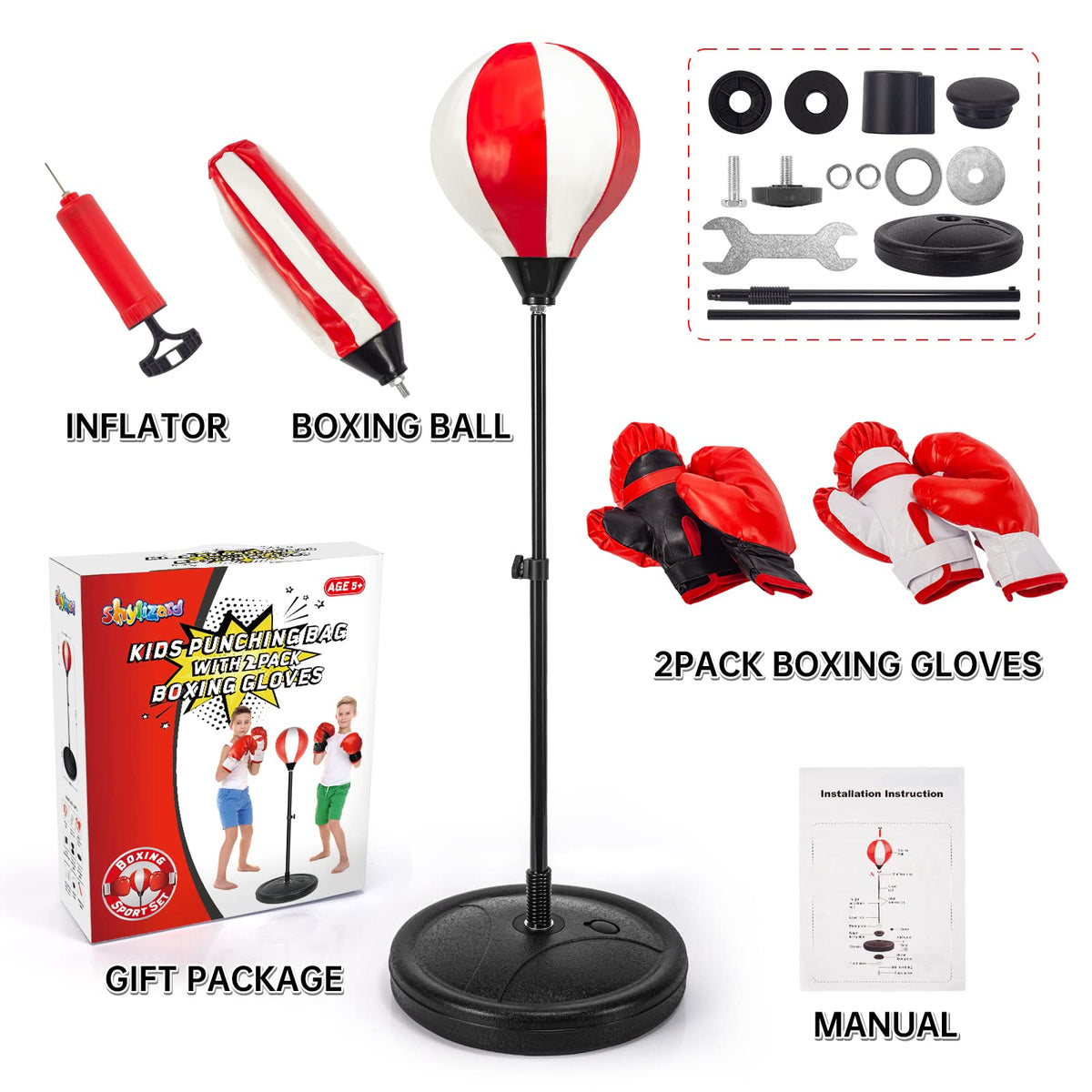 ShyLizard Punching Bag for Kids – 2 Pack Boxing Gloves, Height Adjustable Stand, Gift for Ages 5–10