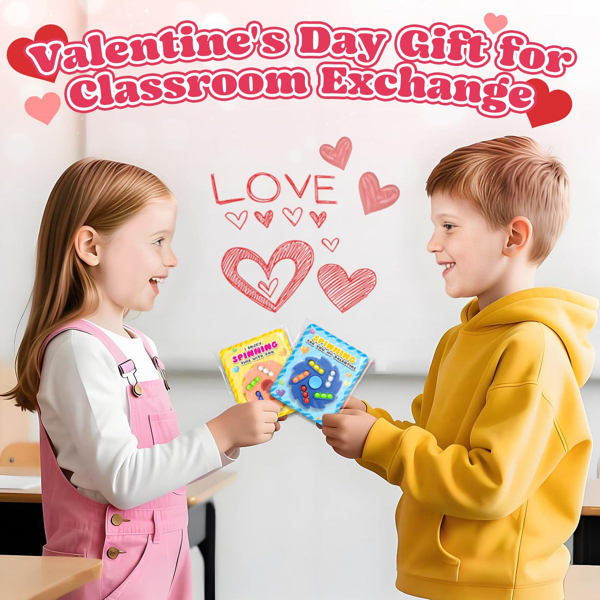 ShyLizard Valentines Day Cards for Kids — 24-Pack Gift Set with Magic Bean Fidget Spinners