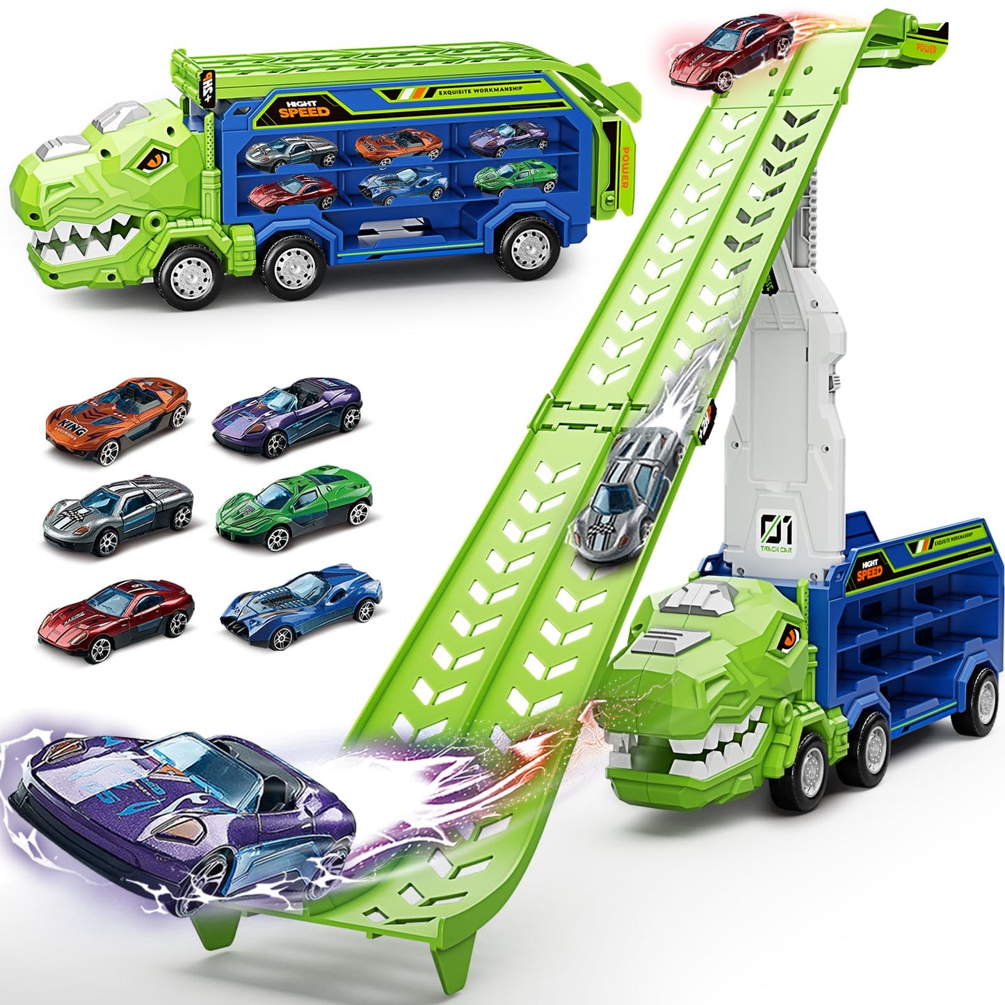 ShyLizard Dinosaur Carrier Truck with Foldable Race Tracks – 3-in-1 Toy for Ages 3-8 (Includes 6 Metal Cars)