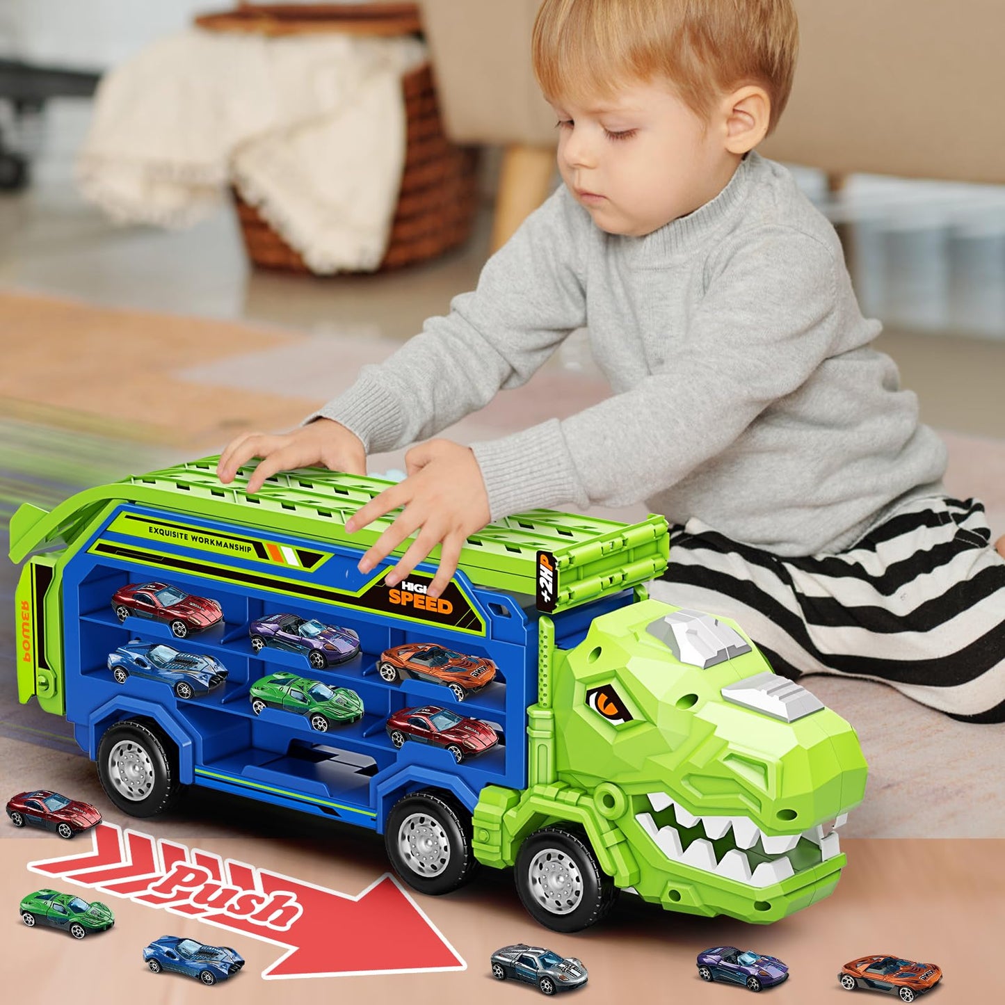 ShyLizard Dinosaur Carrier Truck with Foldable Race Tracks – 3-in-1 Toy for Ages 3-8 (Includes 6 Metal Cars)