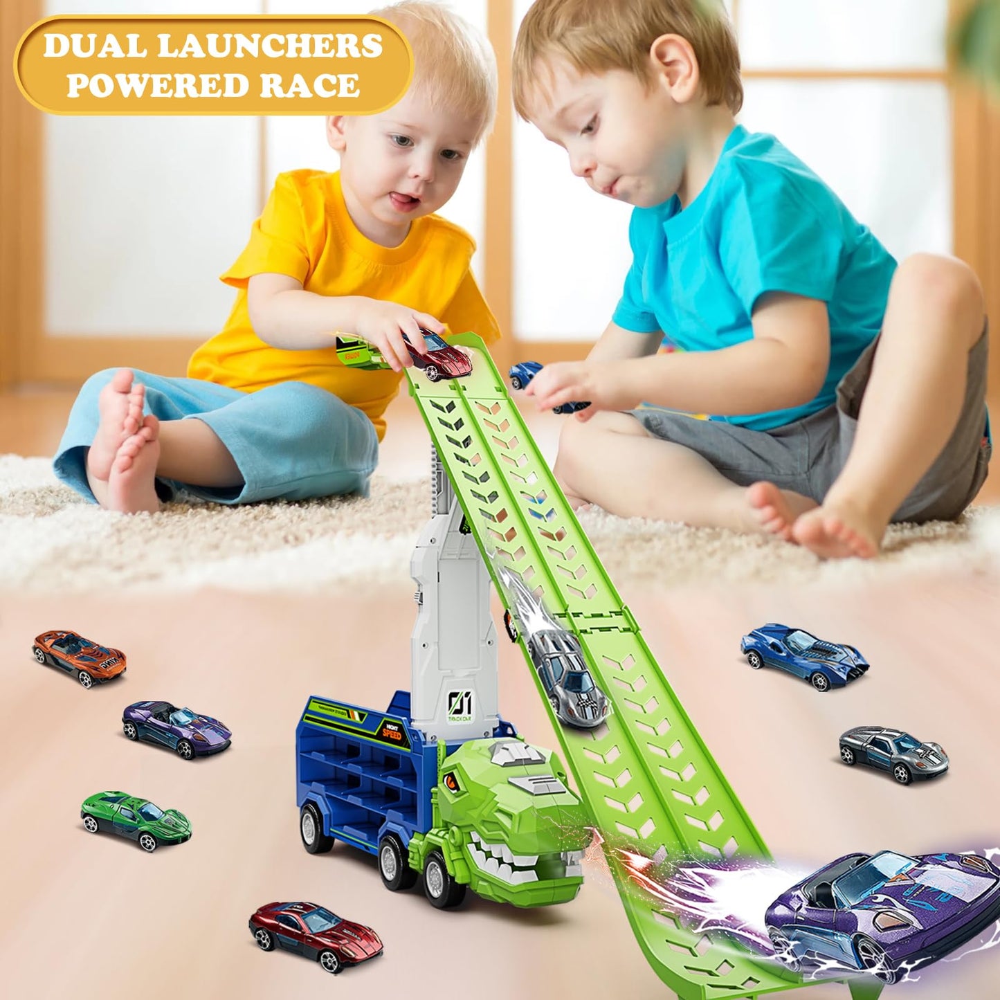 ShyLizard Dinosaur Carrier Truck with Foldable Race Tracks – 3-in-1 Toy for Ages 3-8 (Includes 6 Metal Cars)