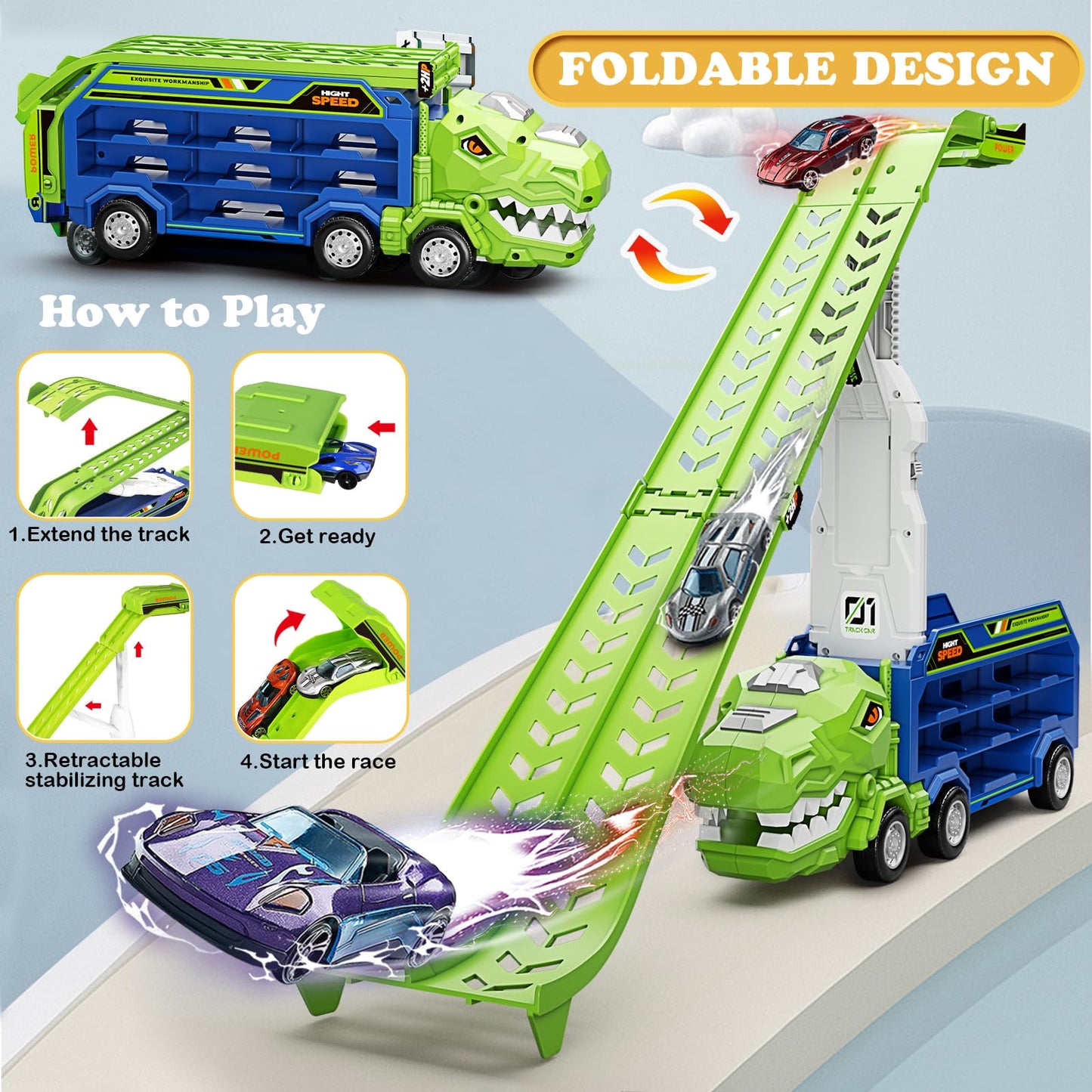 ShyLizard Dinosaur Carrier Truck with Foldable Race Tracks – 3-in-1 Toy for Ages 3-8 (Includes 6 Metal Cars)