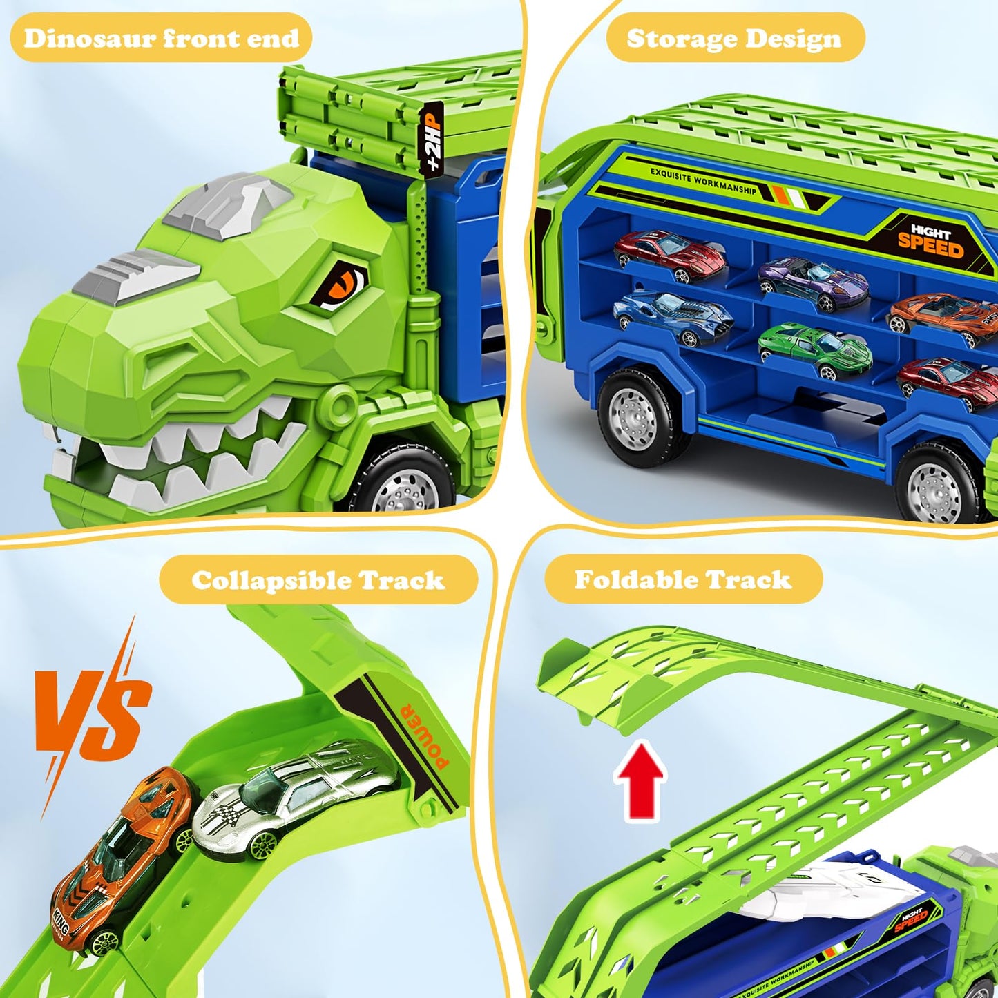 ShyLizard Dinosaur Carrier Truck with Foldable Race Tracks – 3-in-1 Toy for Ages 3-8 (Includes 6 Metal Cars)