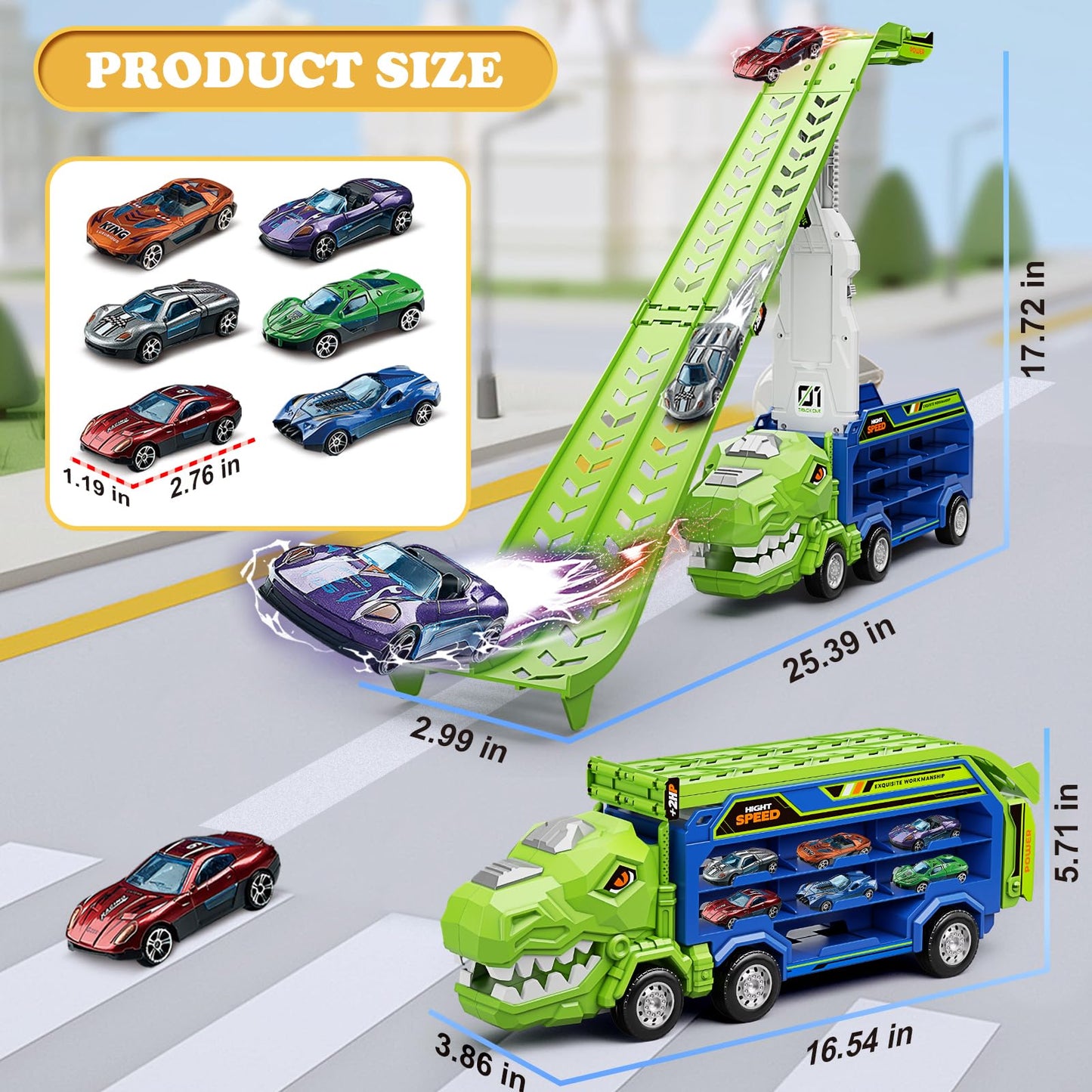 ShyLizard Dinosaur Carrier Truck with Foldable Race Tracks – 3-in-1 Toy for Ages 3-8 (Includes 6 Metal Cars)
