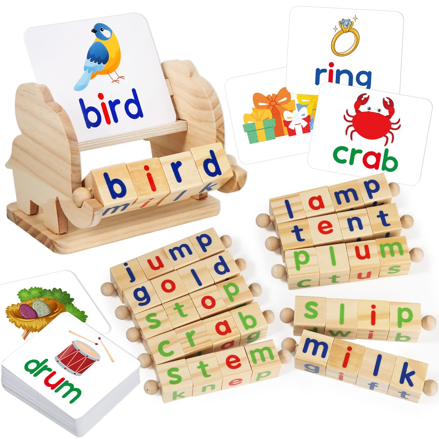 ShyLizard Montessori Wooden Reading Blocks – For Kids 3-5 | Flash Cards & Spelling Toy
