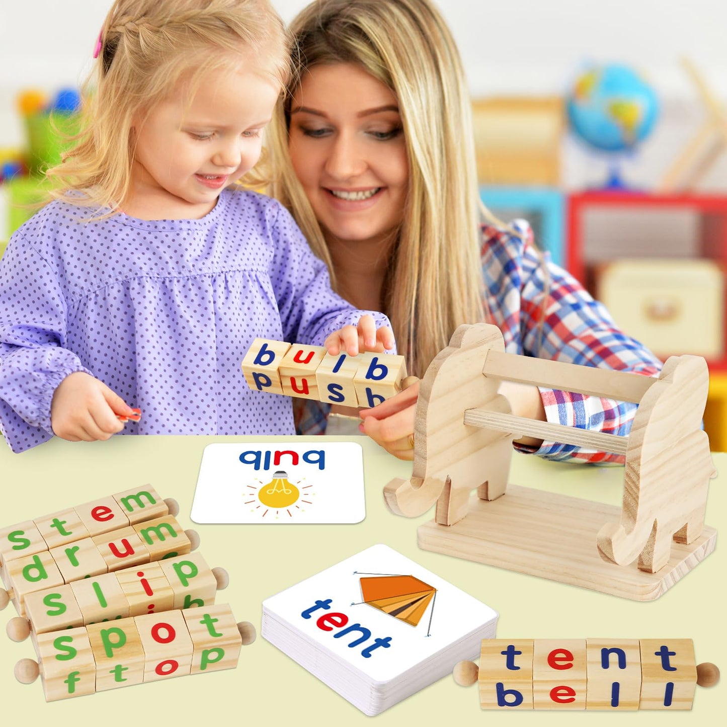ShyLizard Montessori Wooden Reading Blocks – For Kids 3-5 | Flash Cards & Spelling Toy