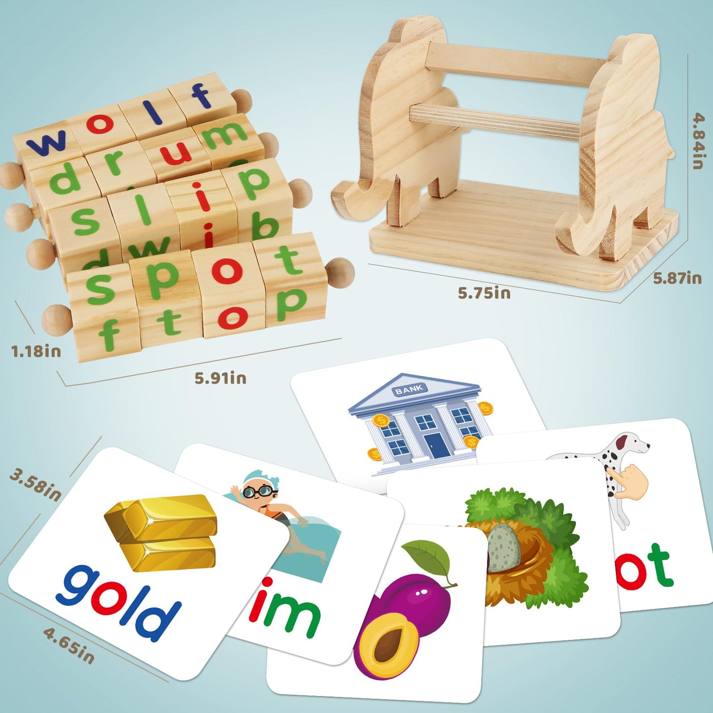 ShyLizard Montessori Wooden Reading Blocks – For Kids 3-5 | Flash Cards & Spelling Toy