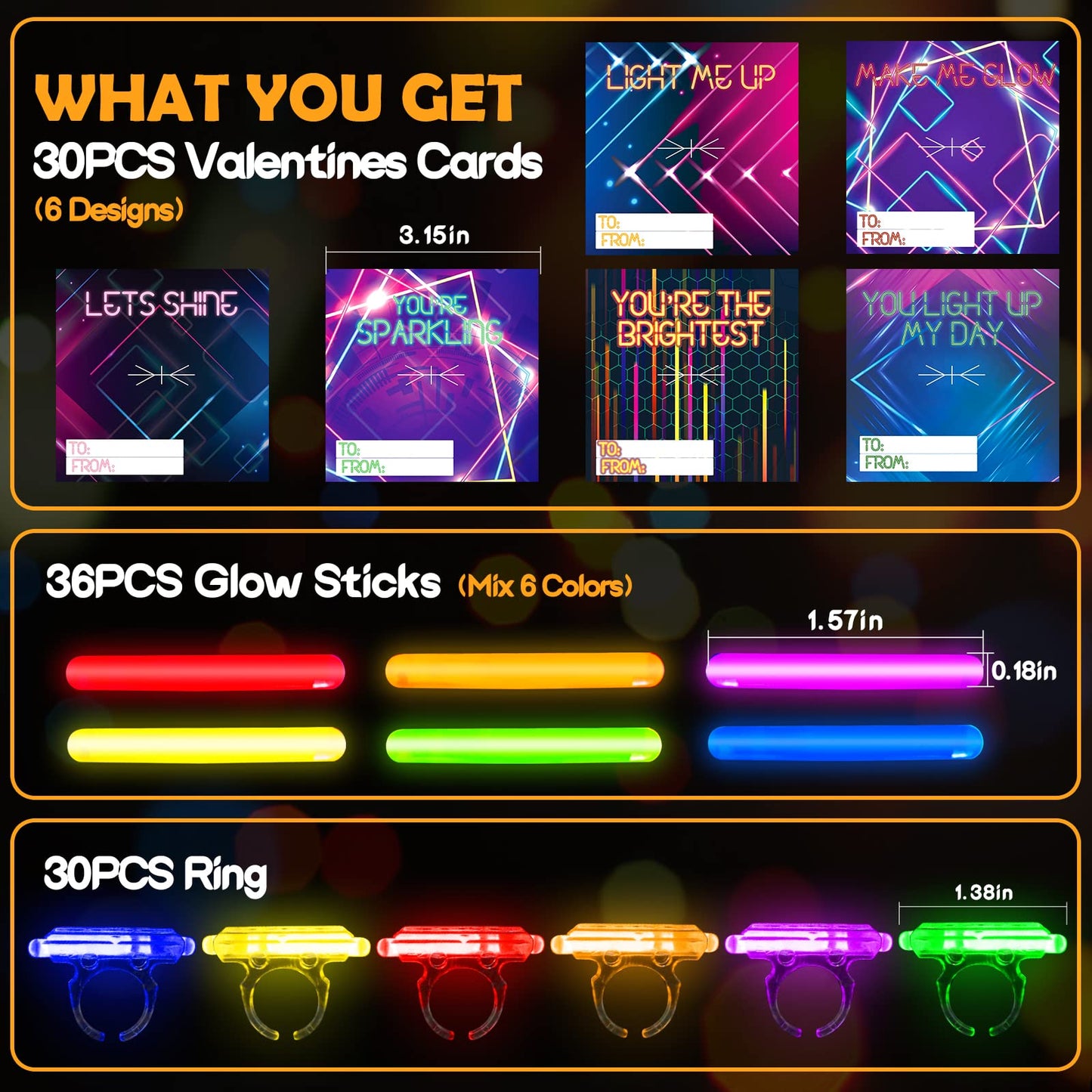 ShyLizard Valentines Day Cards for Classroom – 30 Rings & 36 Glow Sticks